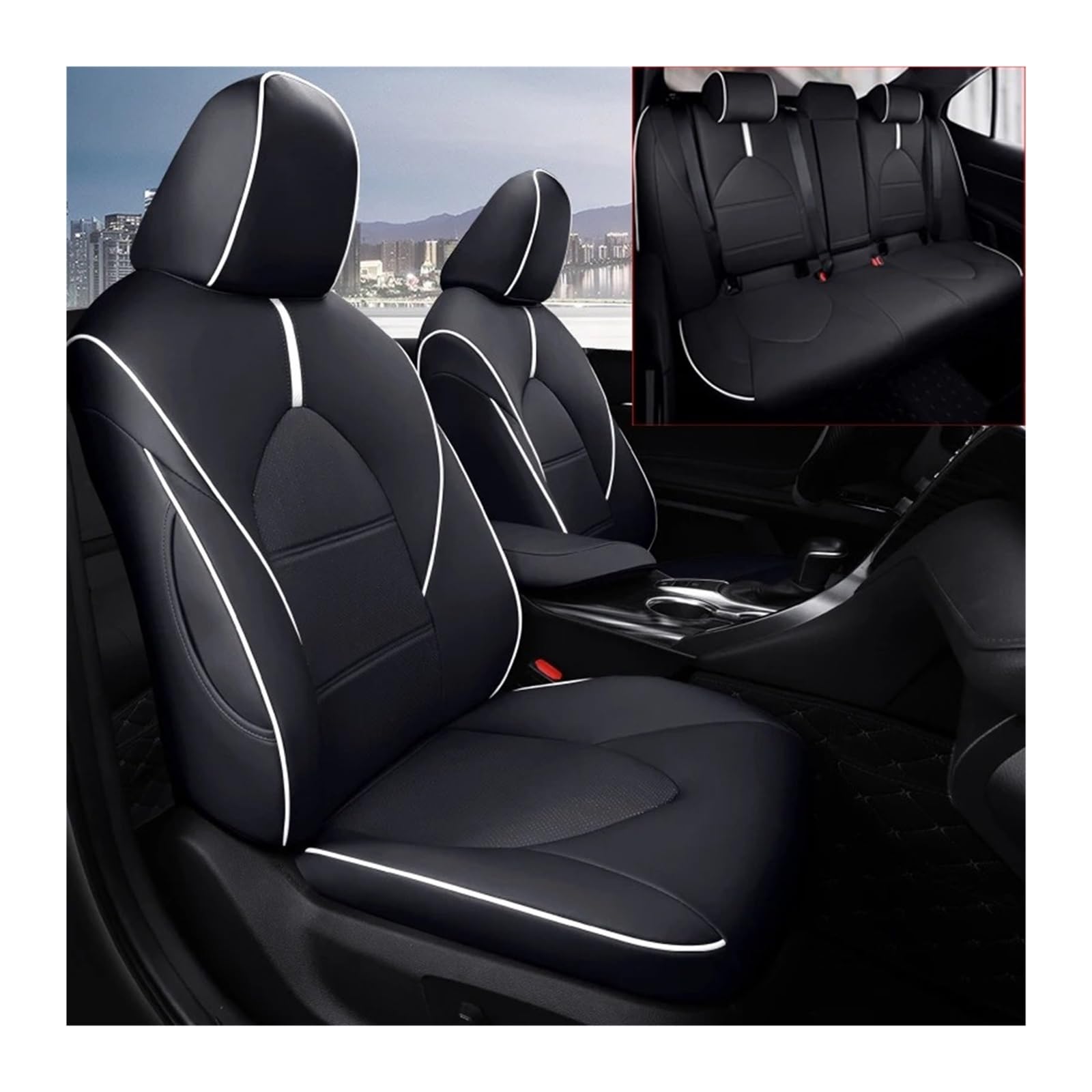 Auto Sitzbezug Für Toyota Für Camry Für Benzin Für Hybrid 2018 2019 2020 2021 2022 2023 2024 Faux Leder Custom Auto Sitzbezüge Kompatibel Auto Vollen Satz Auto Schonbezüge(Black White 2021) von UFITIDU