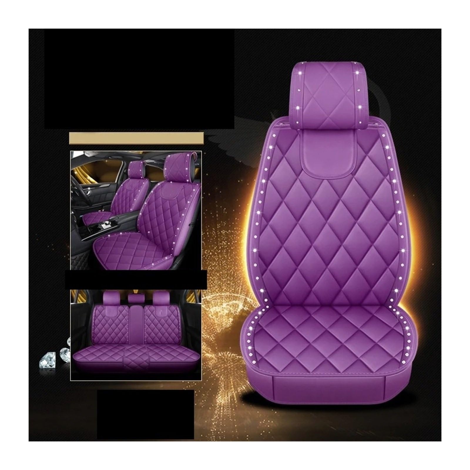 Auto Sitzbezug Universal Mit Frau Krone Strass Nieten Styling Autositzbezüge Leder Vorder- Und Rücksitze Automotive Protektoren Auto Schonbezüge(Crown Purple 01) von UFITIDU