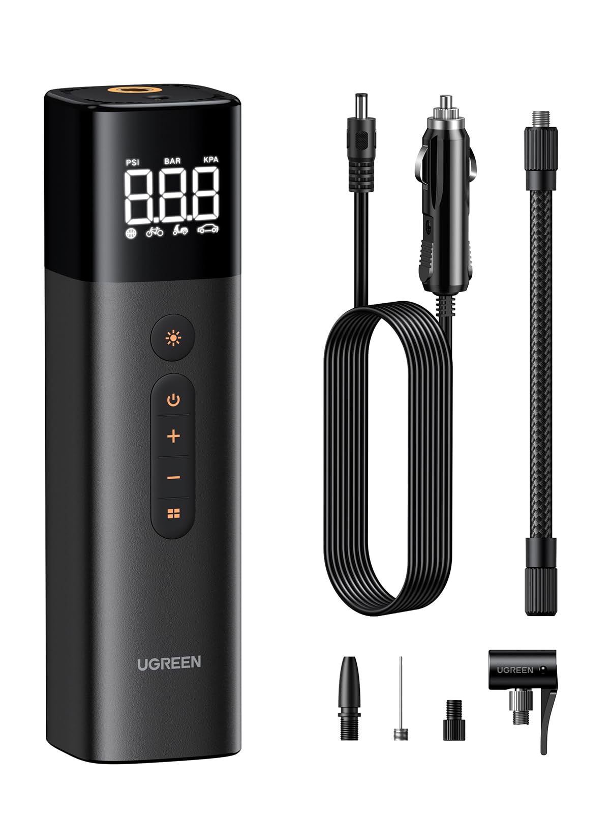 UGREEN Luftpumpe(0.2-10.3bar / 3-150psi) Elektrischer Kompressor Tragbar Fahrradpumpe Mini Reifenpumpe mit Digital LED Anzeige LED Licht für alle Fahrräder Motorräder und Autos von UGREEN