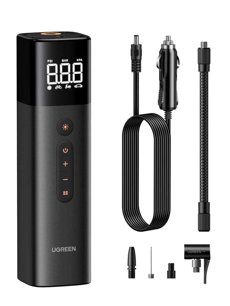 UGREEN Luftpumpe(0.2-10.3bar / 3-150psi) Elektrischer Kompressor Tragbar Fahrradpumpe Mini Reifenpumpe mit Digital LED Anzeige LED Licht für alle Fahrräder Motorräder und Autos von UGREEN