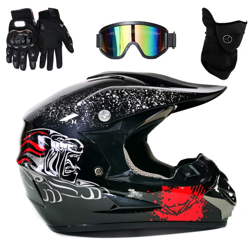 UIGJIOG Motocross Motorcycle Helmet ,Kinder Downhill Fullface Helmet Crosshelm Schwarz Herren Fullface Helm MTB DOT-Zertifizierung Inklusive Brille, Handschuhe Und Masken Set von UIGJIOG
