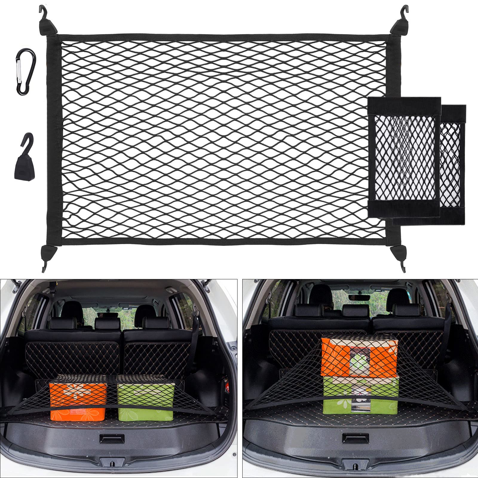 UIHOL Kofferraumnetz Auto, Gepäcknetz Erstreckt Sich auf 140x100cm, Aufbewahrung Netz für Kofferraum Autodach+2 Organizer Netztasche+4 Stahlkarabiner+4 ABS Haken, Elastischer Rand hält Lasten Fester von UIHOL