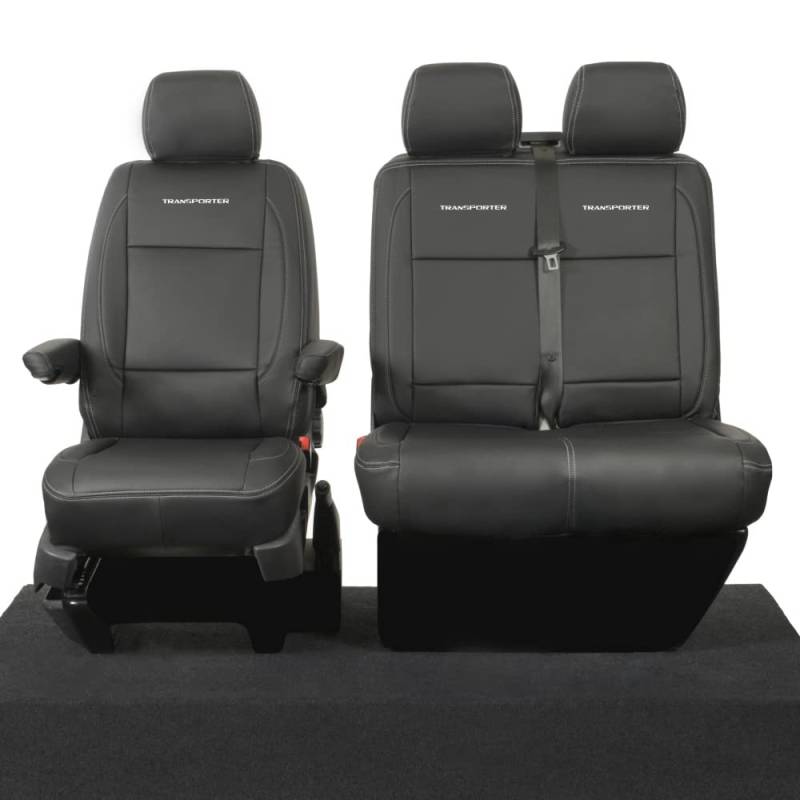 UK Custom Covers Passend für VW Transporter T6/T6.1 (ab 2015), maßgeschneiderte Kunstleder-Vordersitzbezüge mit "Transporter"-Stickerei (Einzel-/Doppelbett mit Armlehnen), Schwarz, SC424BAD4 von UK Custom Covers