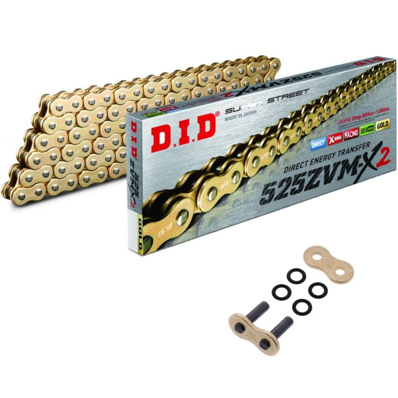 DID ZVMX2 Motorrad X-Ring Antriebskette Gold 525 Teilung 122 Glieder offen + Nietschloss von UK-Motors