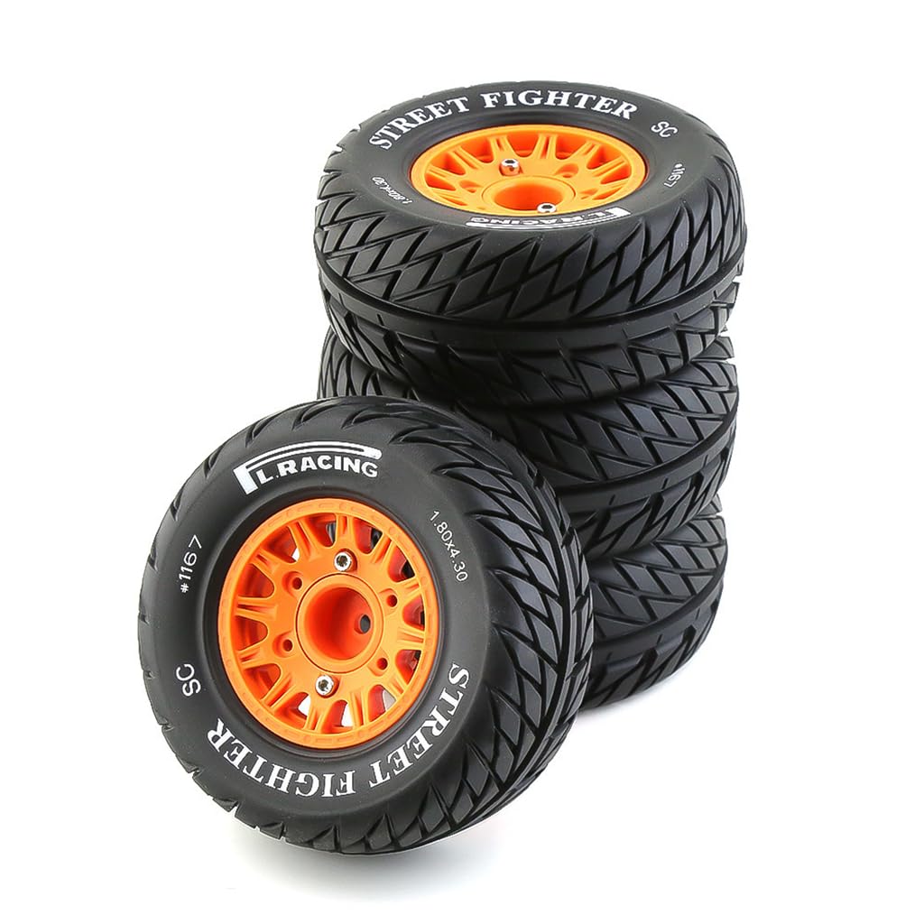 4 x Gummiräder, 113 x 46 mm, Sechskant-Adapter, 12 mm, RC-Ersatzteile für 1/8 1/10 Kurzstrecken-LKW, Off-Road-RC-Auto (orange) von ULIIK
