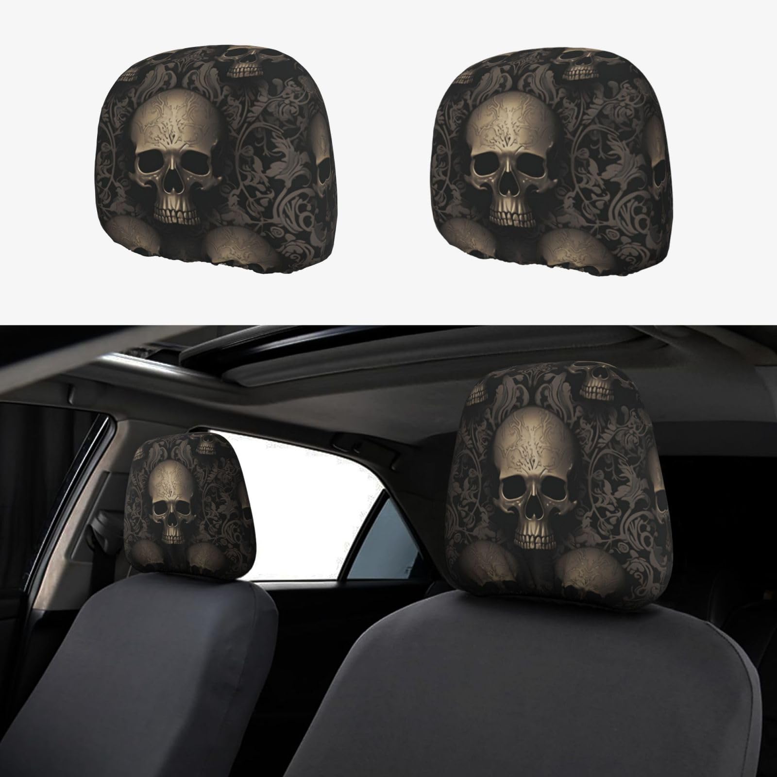ULKMFFCF Universal-Autositz-Kopfstützenbezüge mit Gothic-Tapete, Totenkopf-Muster, für Auto-Innendekoration, 2 Stück ULKMFFCF Universal-Autositz-Kopfstützenbezüge mit Gothic-Tapete, Totenkopf-Muster, für Auto-Innendekoration, 2 Stück von ULKMFFCF