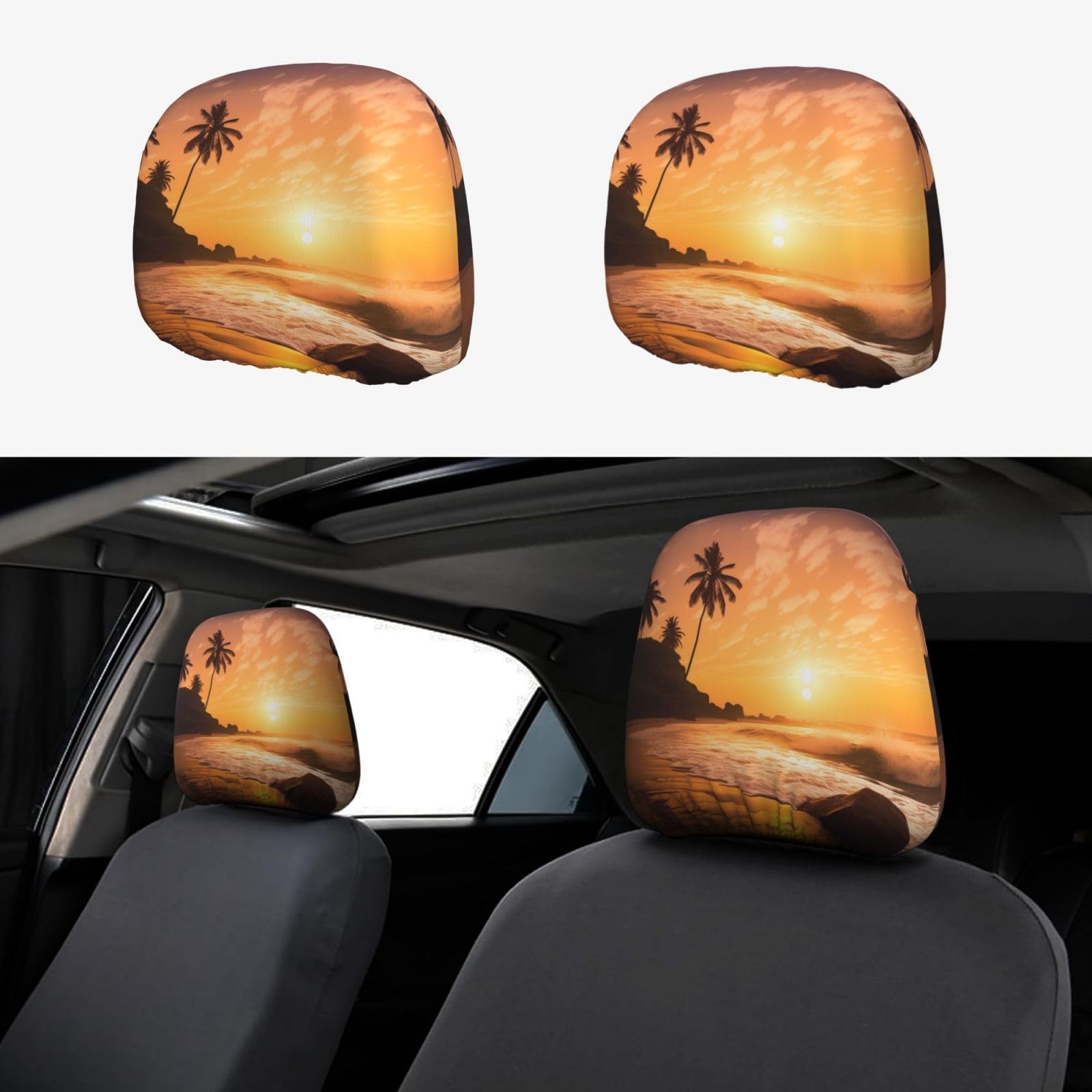 ULKMFFCF Universelle Autositz-Kopfstützenbezüge mit Strand-Sonnenuntergang-Muster für Auto-Innendekoration, 2 Stück ULKMFFCF Universelle Autositz-Kopfstützenbezüge mit Strand-Sonnenuntergang-Muster für Auto-Innendekoration, 2 Stück von ULKMFFCF