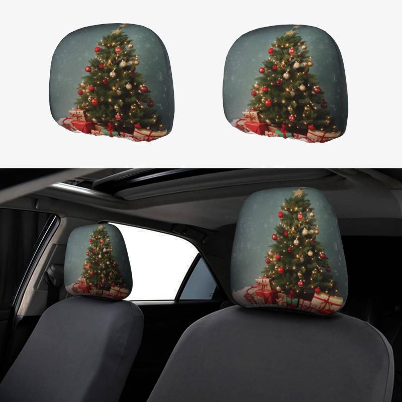 ULKMFFCF Universelle Kopfstützenbezüge für Autositze, mit Weihnachtsbaum- und Geschenk-Muster, für Auto-Innendekoration, 2 Stück von ULKMFFCF