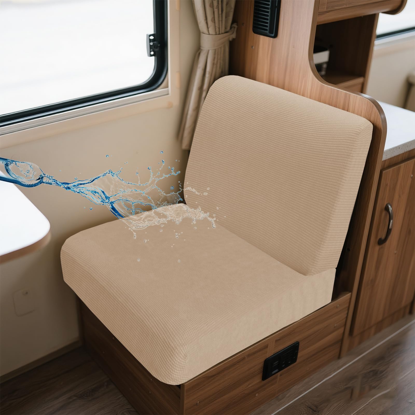 UNBBRRL Wohnwagen Sitzbezüge Wasserdicht Dehnbar Samt/Jacquard, Wohnwagen Polsterbezüge Set (2pcs), RV Bank/Sofa Sitzkissen Bezug Mit 4 Cord (J Beige,S+S(2pcs)) von UNBBRRL