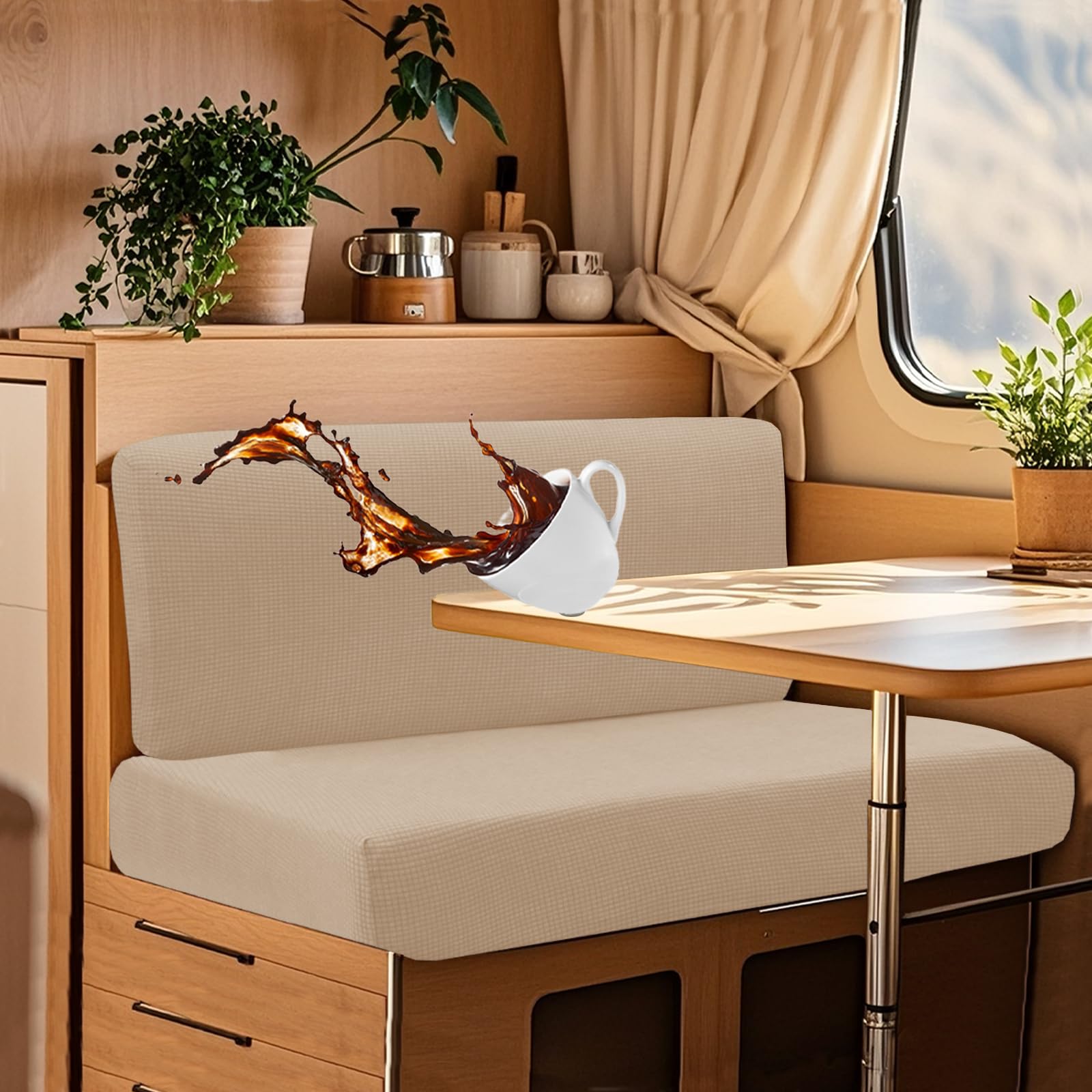 UNBBRRL Wohnwagen Sitzbezüge Wasserdicht Dehnbar Samt/Jacquard, Wohnwagen Polsterbezüge Set (2pcs), RV Bank/Sofa Sitzkissen Bezug Mit 4 Cord (J Beige,XL+XXL(2pcs)) von UNBBRRL