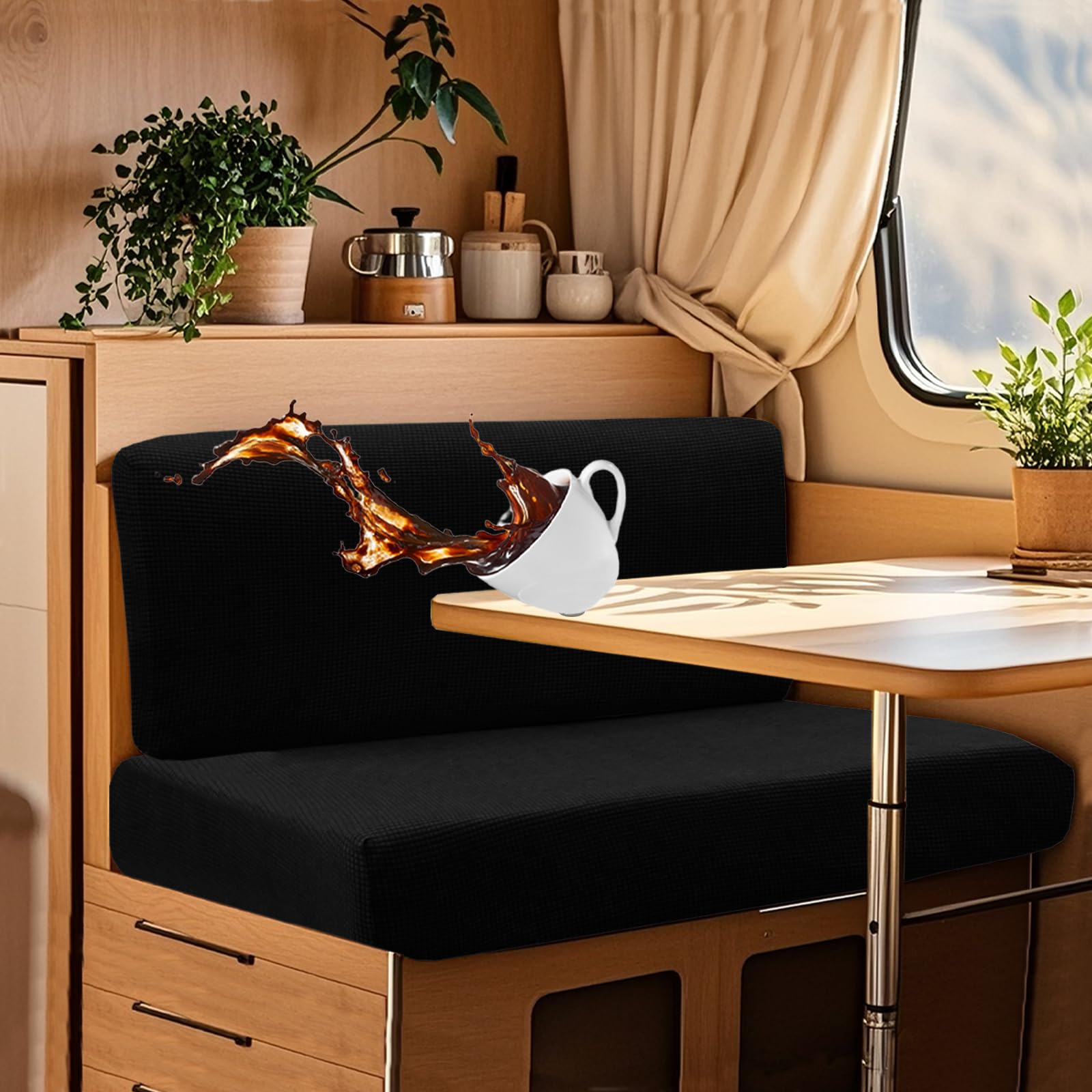 UNBBRRL Wohnwagen Sitzbezüge Wasserdicht Dehnbar Samt/Jacquard, Wohnwagen Polsterbezüge Set (2pcs), RV Bank/Sofa Sitzkissen Bezug Mit 4 Cord (J Black,L+XL(2pcs)) von UNBBRRL
