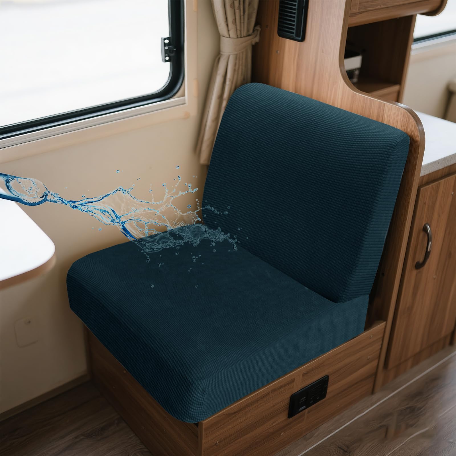 UNBBRRL Wohnwagen Sitzbezüge Wasserdicht Dehnbar Samt/Jacquard, Wohnwagen Polsterbezüge Set (2pcs), RV Bank/Sofa Sitzkissen Bezug Mit 4 Cord (J Blue Green,S+S(2pcs)) von UNBBRRL