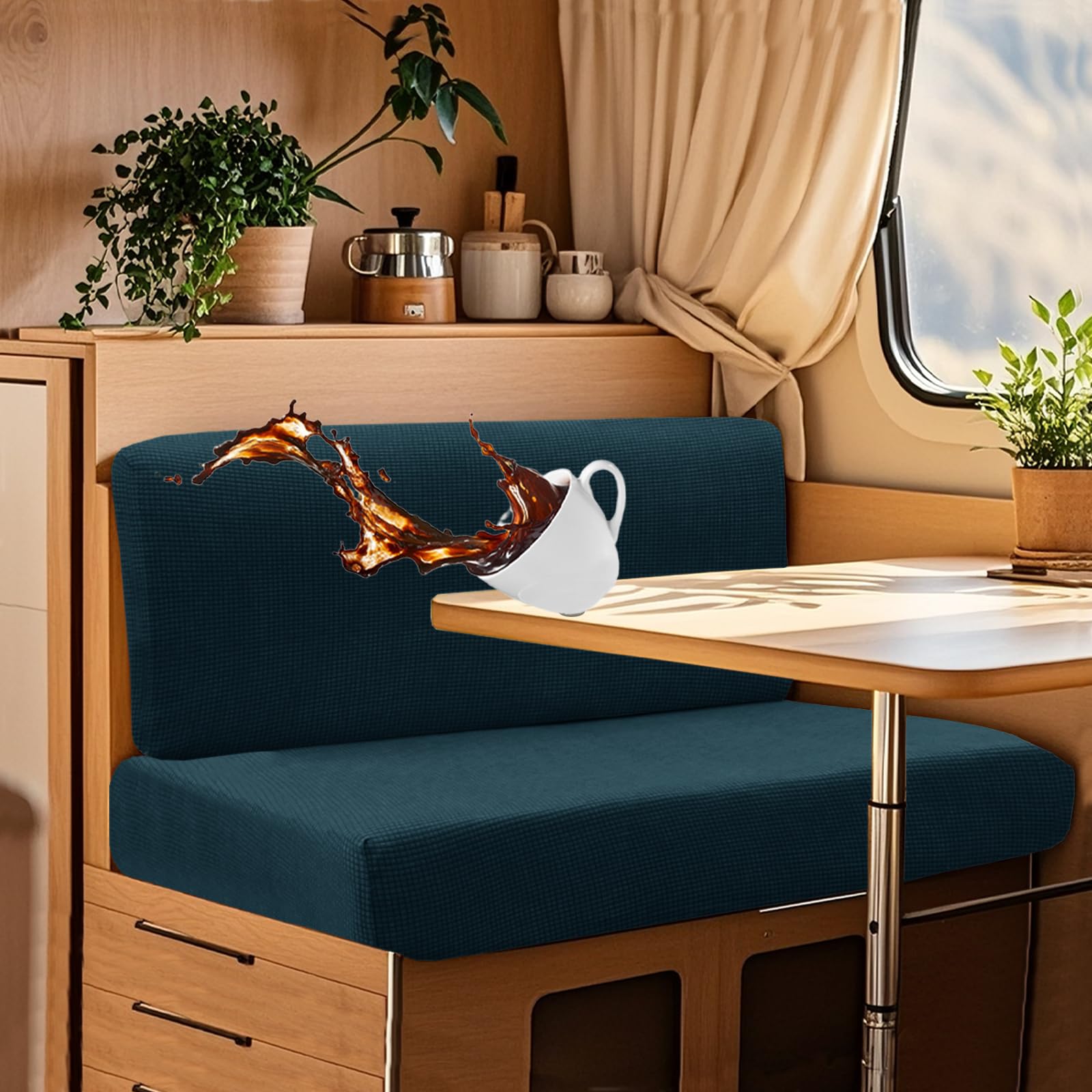 UNBBRRL Wohnwagen Sitzbezüge Wasserdicht Dehnbar Samt/Jacquard, Wohnwagen Polsterbezüge Set (2pcs), RV Bank/Sofa Sitzkissen Bezug Mit 4 Cord (J Blue Green,XL+XXL(2pcs)) von UNBBRRL
