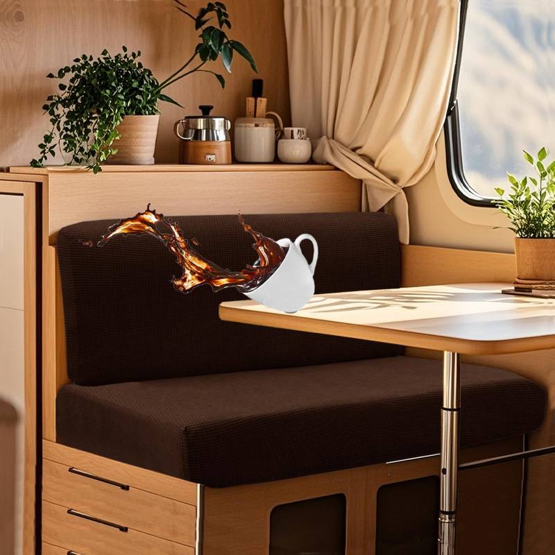 UNBBRRL Wohnwagen Sitzbezüge Wasserdicht Dehnbar Samt/Jacquard, Wohnwagen Polsterbezüge Set (2pcs), RV Bank/Sofa Sitzkissen Bezug Mit 4 Cord (J Coffee,L+XL(2pcs)) von UNBBRRL