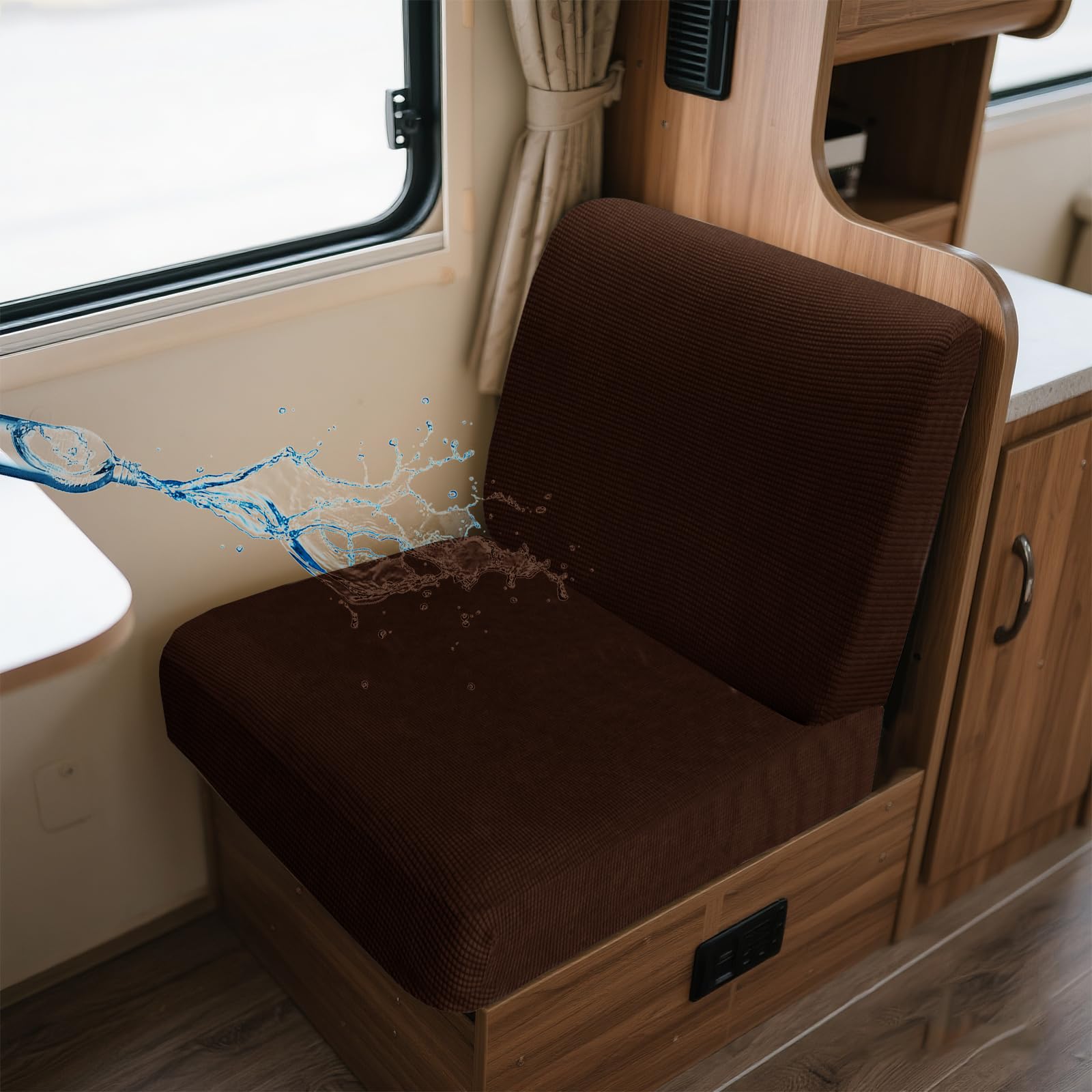 UNBBRRL Wohnwagen Sitzbezüge Wasserdicht Dehnbar Samt/Jacquard, Wohnwagen Polsterbezüge Set (2pcs), RV Bank/Sofa Sitzkissen Bezug Mit 4 Cord (J Coffee,M+M(2pcs)) von UNBBRRL