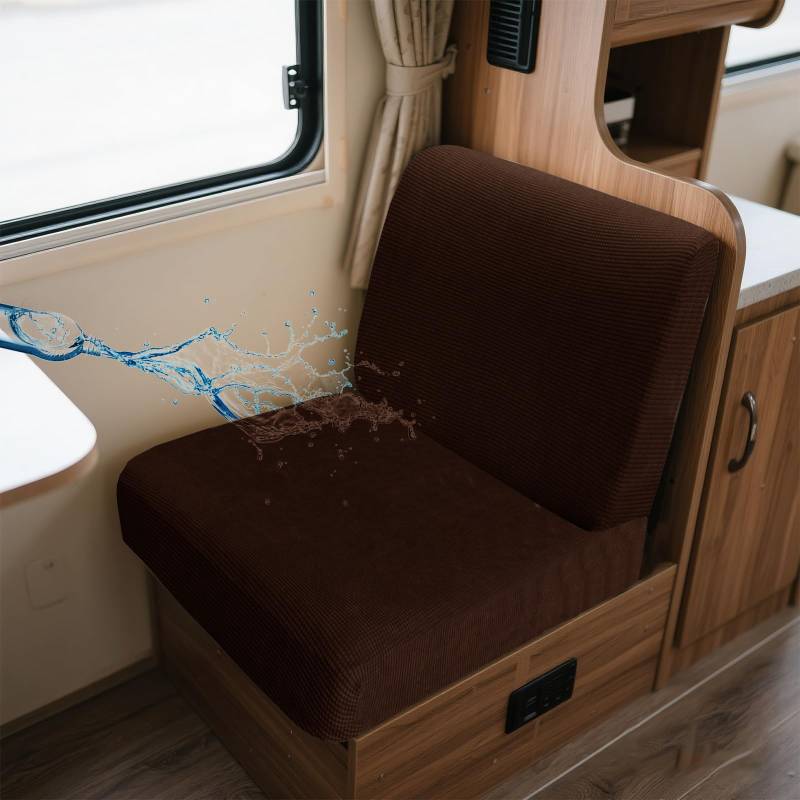 UNBBRRL Wohnwagen Sitzbezüge Wasserdicht Dehnbar Samt/Jacquard, Wohnwagen Polsterbezüge Set (2pcs), RV Bank/Sofa Sitzkissen Bezug Mit 4 Cord (J Coffee,M+M(2pcs)) von UNBBRRL