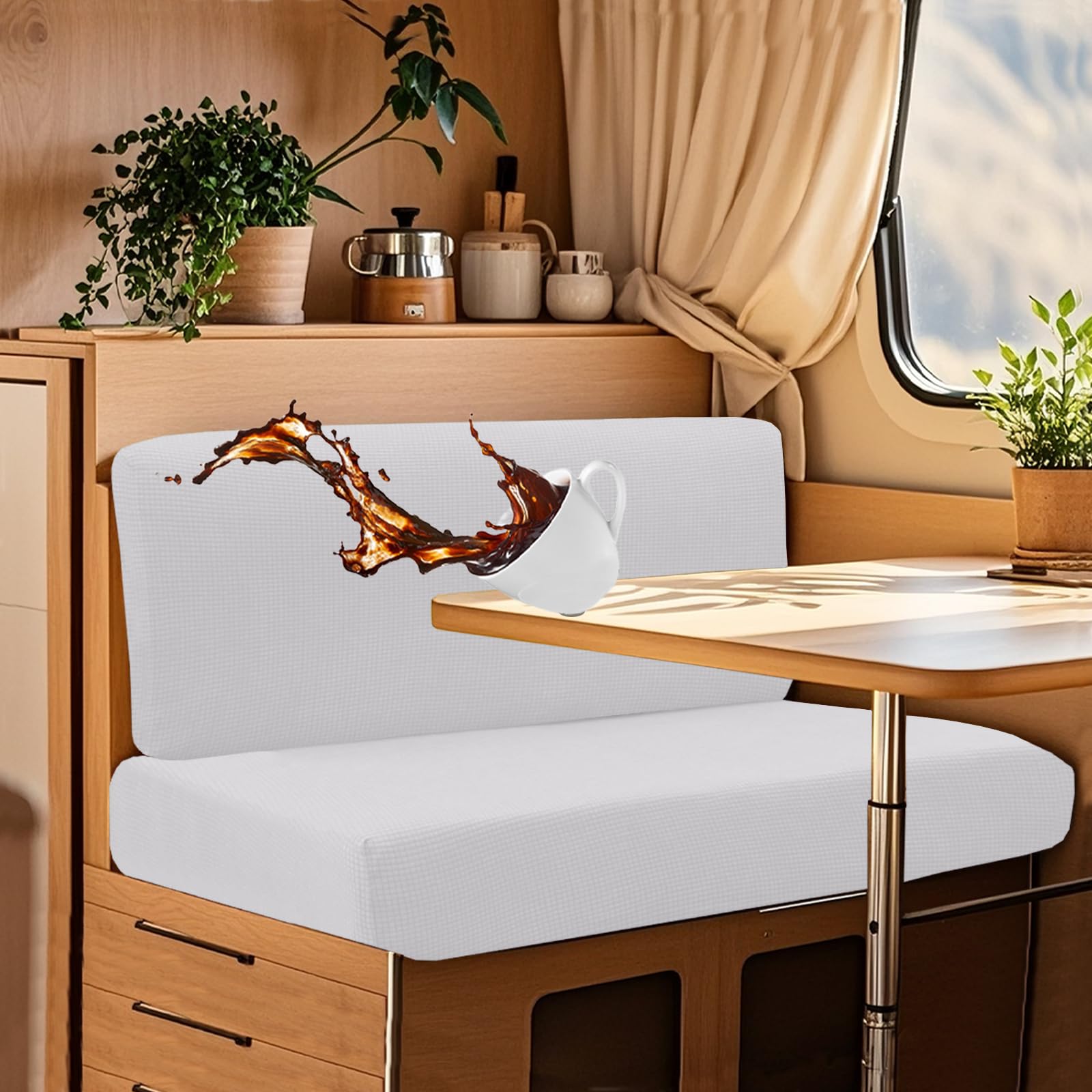 UNBBRRL Wohnwagen Sitzbezüge Wasserdicht Dehnbar Samt/Jacquard, Wohnwagen Polsterbezüge Set (2pcs), RV Bank/Sofa Sitzkissen Bezug Mit 4 Cord (J Cream,M+XS(2pcs)) von UNBBRRL