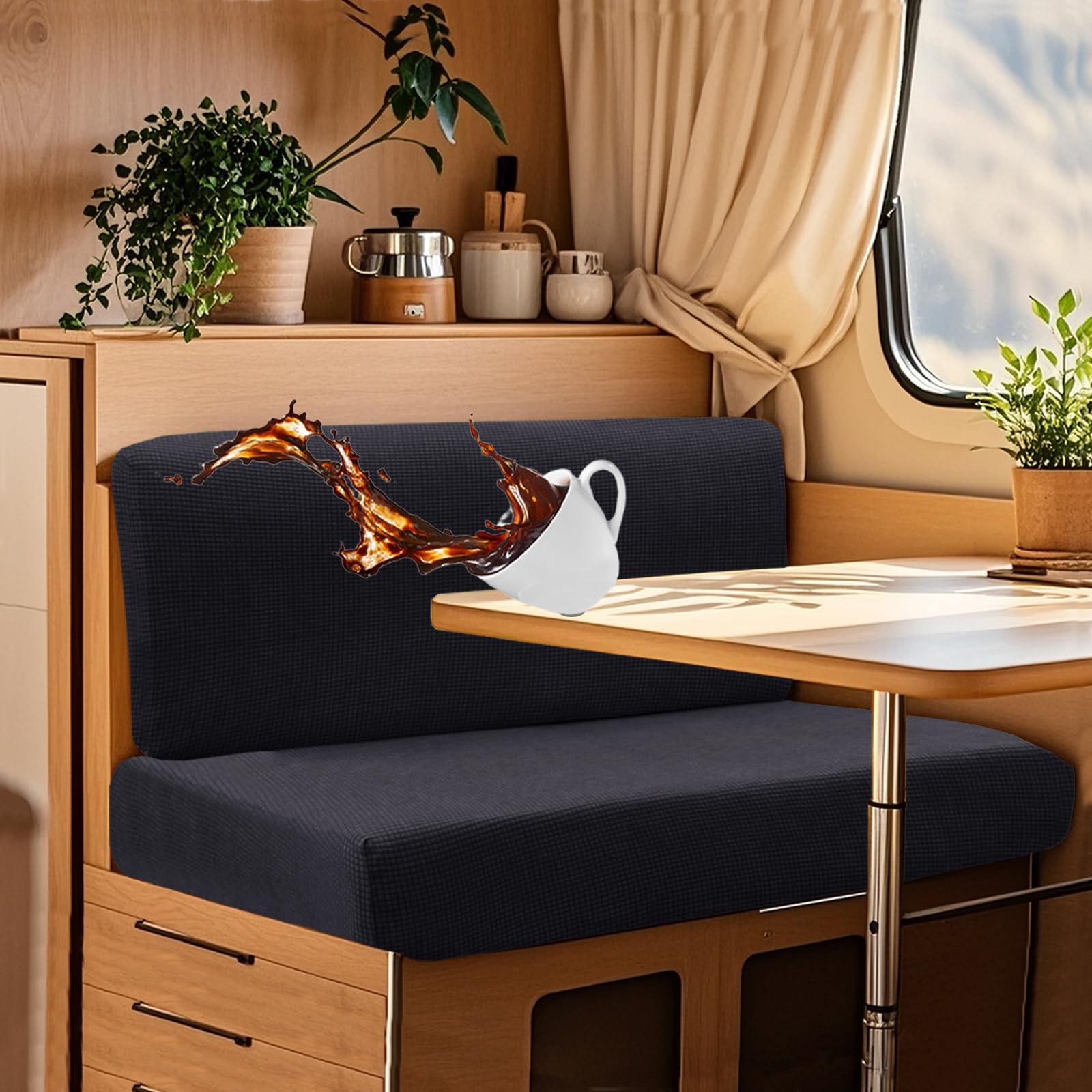 UNBBRRL Wohnwagen Sitzbezüge Wasserdicht Dehnbar Samt/Jacquard, Wohnwagen Polsterbezüge Set (2pcs), RV Bank/Sofa Sitzkissen Bezug Mit 4 Cord (J Dark Grey,L+XL(2pcs)) von UNBBRRL