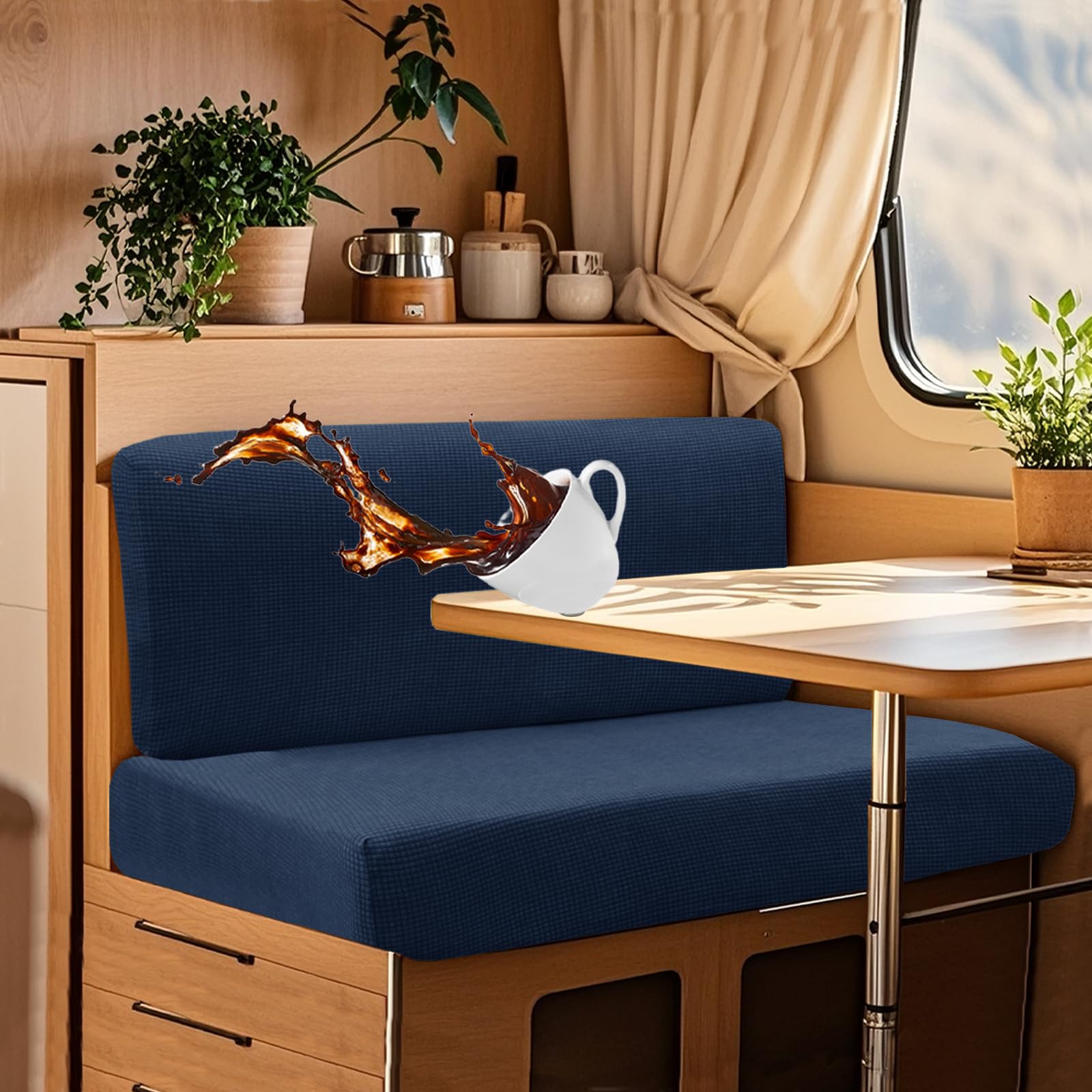 UNBBRRL Wohnwagen Sitzbezüge Wasserdicht Dehnbar Samt/Jacquard, Wohnwagen Polsterbezüge Set (2pcs), RV Bank/Sofa Sitzkissen Bezug Mit 4 Cord (J Denim Blue,L+XL(2pcs)) von UNBBRRL