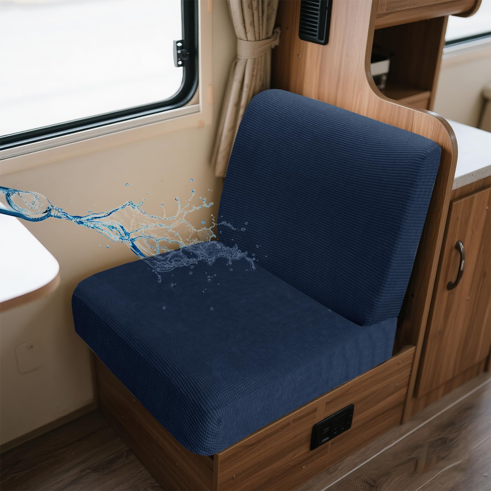 UNBBRRL Wohnwagen Sitzbezüge Wasserdicht Dehnbar Samt/Jacquard, Wohnwagen Polsterbezüge Set (2pcs), RV Bank/Sofa Sitzkissen Bezug Mit 4 Cord (J Denim Blue,M+M(2pcs)) von UNBBRRL