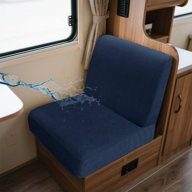 UNBBRRL Wohnwagen Sitzbezüge Wasserdicht Dehnbar Samt/Jacquard, Wohnwagen Polsterbezüge Set (2pcs), RV Bank/Sofa Sitzkissen Bezug Mit 4 Cord (J Denim Blue,M+M(2pcs)) von UNBBRRL