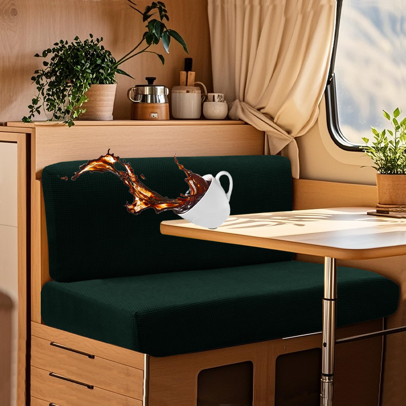 UNBBRRL Wohnwagen Sitzbezüge Wasserdicht Dehnbar Samt/Jacquard, Wohnwagen Polsterbezüge Set (2pcs), RV Bank/Sofa Sitzkissen Bezug Mit 4 Cord (J Green,XL+XXL(2pcs)) von UNBBRRL