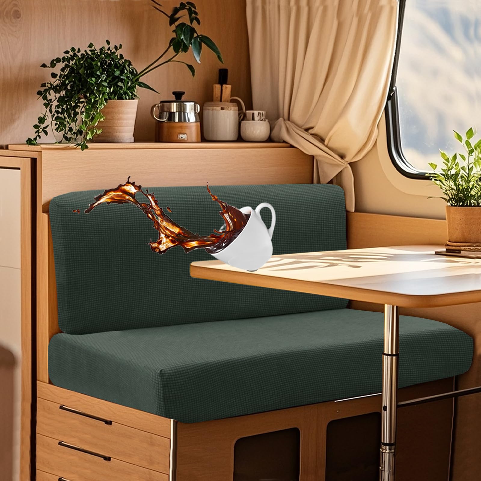 UNBBRRL Wohnwagen Sitzbezüge Wasserdicht Dehnbar Samt/Jacquard, Wohnwagen Polsterbezüge Set (2pcs), RV Bank/Sofa Sitzkissen Bezug Mit 4 Cord (J Grey Green,M+XS(2pcs)) von UNBBRRL