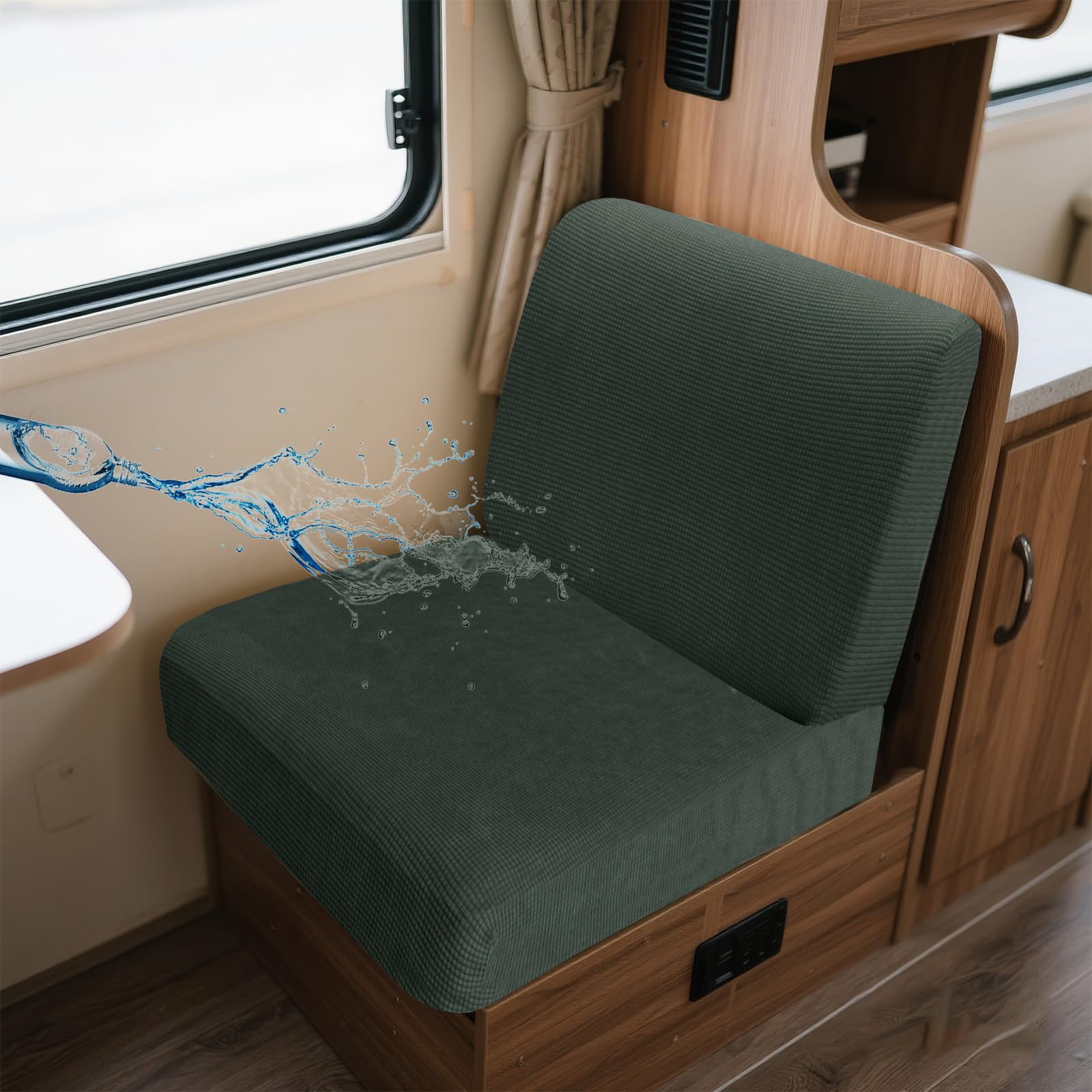 UNBBRRL Wohnwagen Sitzbezüge Wasserdicht Dehnbar Samt/Jacquard, Wohnwagen Polsterbezüge Set (2pcs), RV Bank/Sofa Sitzkissen Bezug Mit 4 Cord (J Grey Green,S+S(2pcs)) von UNBBRRL