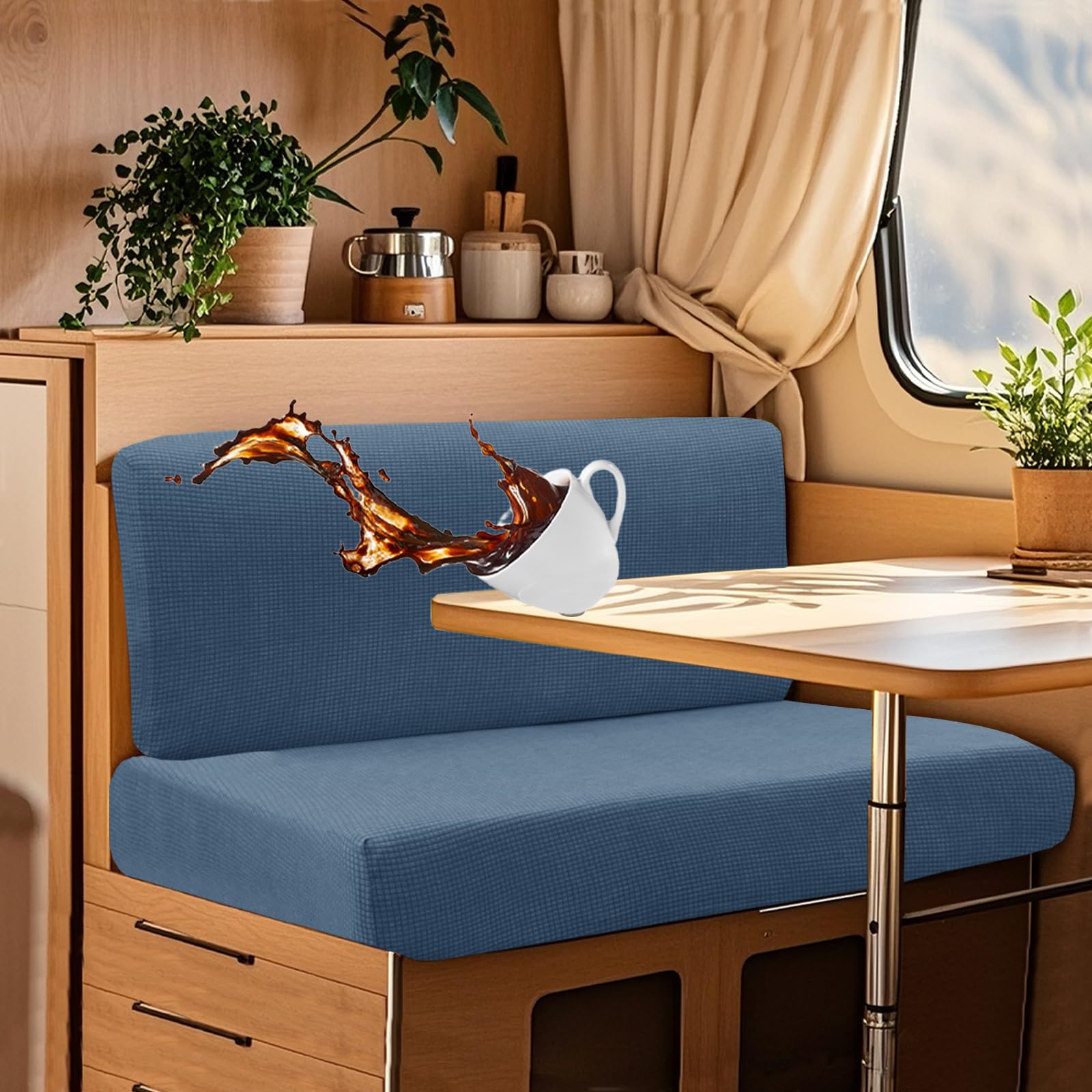 UNBBRRL Wohnwagen Sitzbezüge Wasserdicht Dehnbar Samt/Jacquard, Wohnwagen Polsterbezüge Set (2pcs), RV Bank/Sofa Sitzkissen Bezug Mit 4 Cord (J Light Blue,L+XL(2pcs)) von UNBBRRL