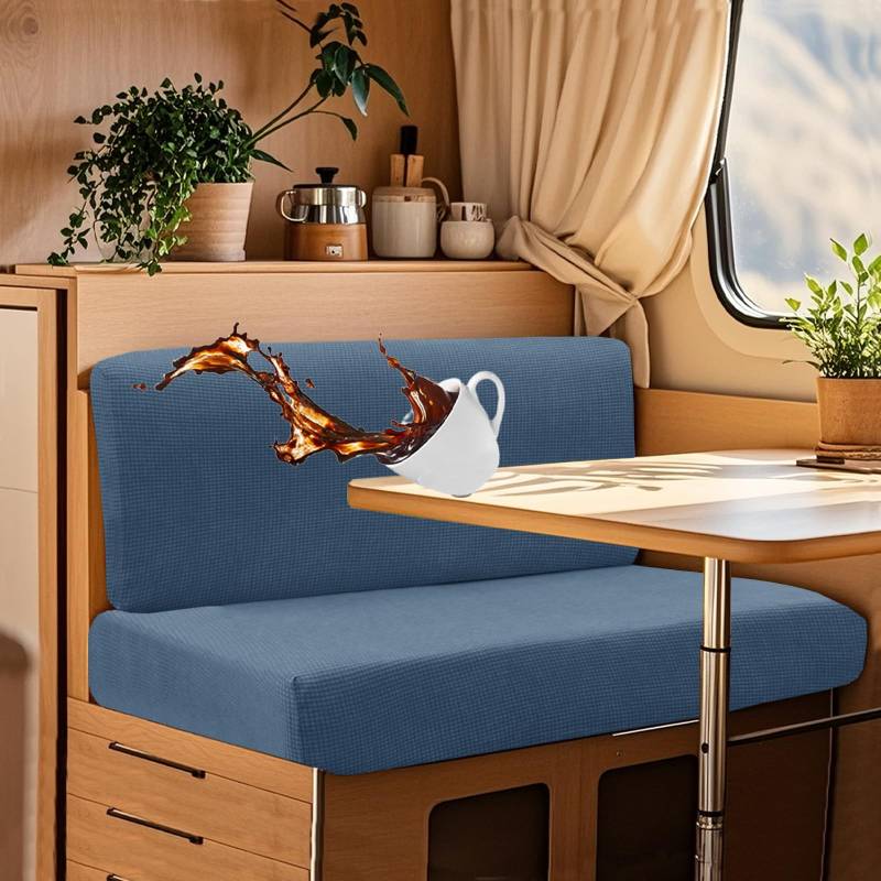 UNBBRRL Wohnwagen Sitzbezüge Wasserdicht Dehnbar Samt/Jacquard, Wohnwagen Polsterbezüge Set (2pcs), RV Bank/Sofa Sitzkissen Bezug Mit 4 Cord (J Light Blue,XL+XXL(2pcs)) von UNBBRRL