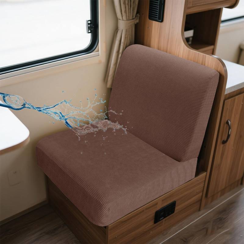 UNBBRRL Wohnwagen Sitzbezüge Wasserdicht Dehnbar Samt/Jacquard, Wohnwagen Polsterbezüge Set (2pcs), RV Bank/Sofa Sitzkissen Bezug Mit 4 Cord (J Light Brown,M+M(2pcs)) von UNBBRRL