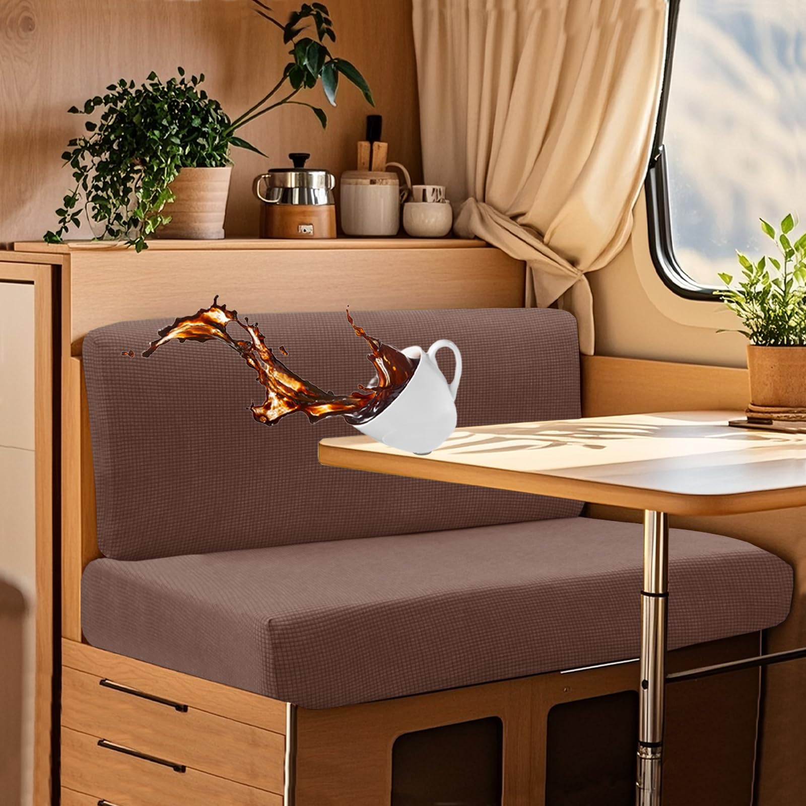 UNBBRRL Wohnwagen Sitzbezüge Wasserdicht Dehnbar Samt/Jacquard, Wohnwagen Polsterbezüge Set (2pcs), RV Bank/Sofa Sitzkissen Bezug Mit 4 Cord (J Light Brown,XL+XXL(2pcs)) von UNBBRRL