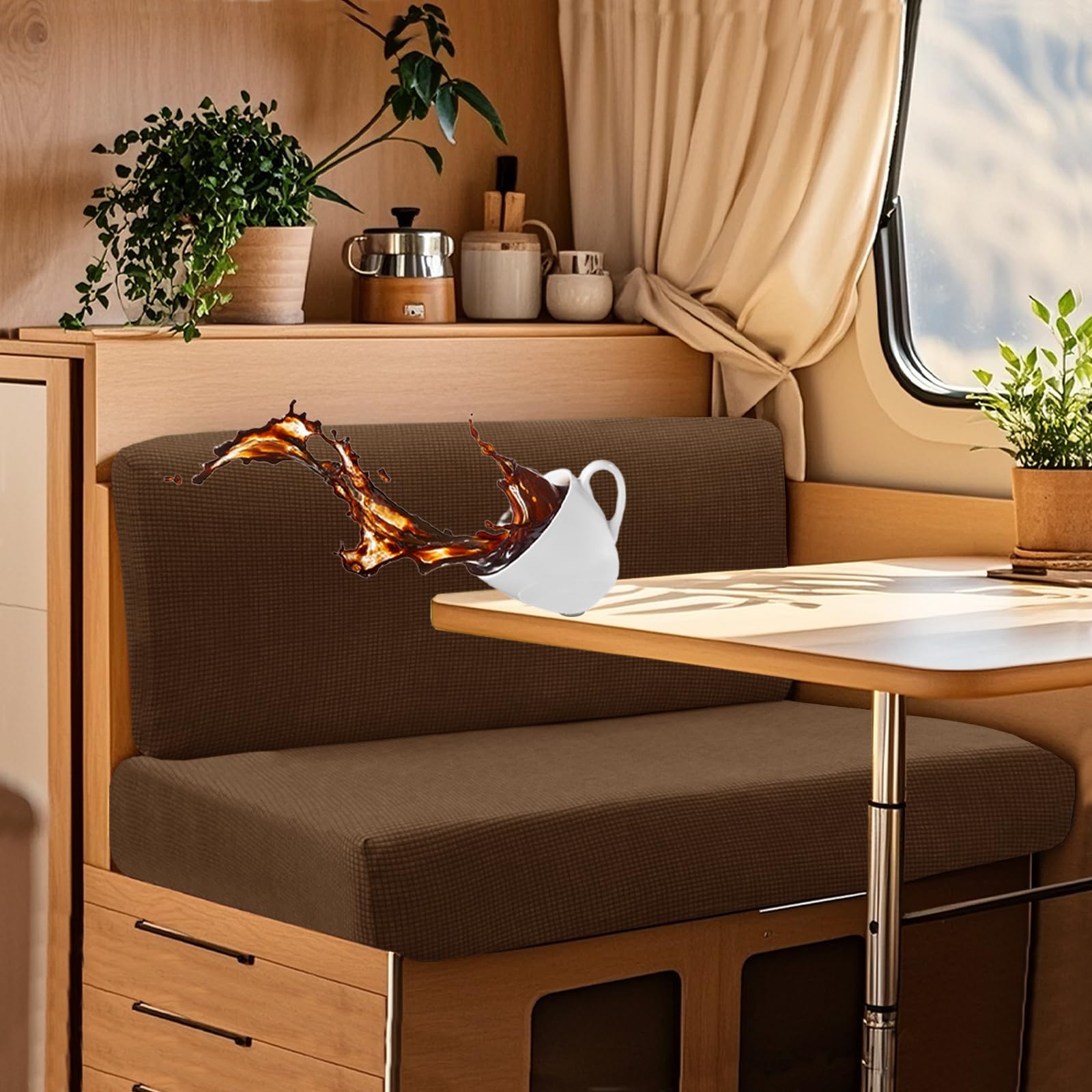 UNBBRRL Wohnwagen Sitzbezüge Wasserdicht Dehnbar Samt/Jacquard, Wohnwagen Polsterbezüge Set (2pcs), RV Bank/Sofa Sitzkissen Bezug Mit 4 Cord (J Light Coffee,M+XS(2pcs)) von UNBBRRL