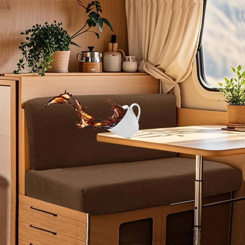 UNBBRRL Wohnwagen Sitzbezüge Wasserdicht Dehnbar Samt/Jacquard, Wohnwagen Polsterbezüge Set (2pcs), RV Bank/Sofa Sitzkissen Bezug Mit 4 Cord (J Light Coffee,M+XS(2pcs)) von UNBBRRL