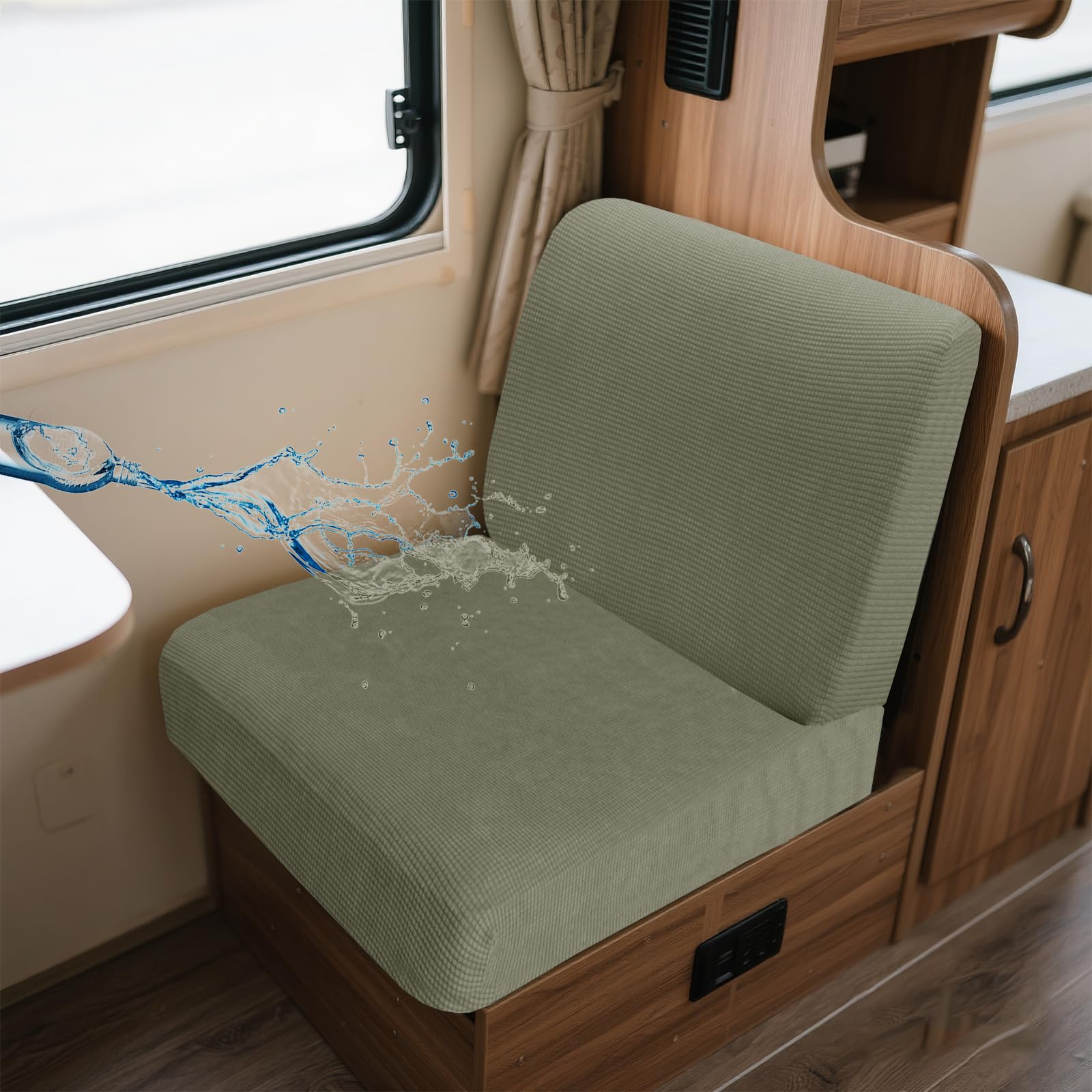 UNBBRRL Wohnwagen Sitzbezüge Wasserdicht Dehnbar Samt/Jacquard, Wohnwagen Polsterbezüge Set (2pcs), RV Bank/Sofa Sitzkissen Bezug Mit 4 Cord (J Light Green,M+M(2pcs)) von UNBBRRL