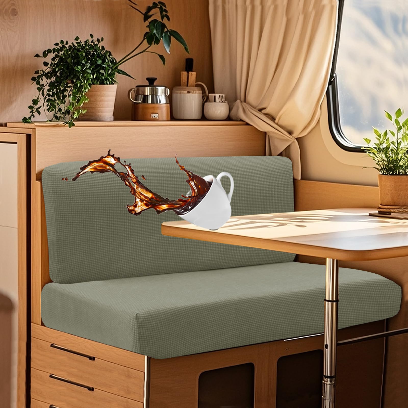 UNBBRRL Wohnwagen Sitzbezüge Wasserdicht Dehnbar Samt/Jacquard, Wohnwagen Polsterbezüge Set (2pcs), RV Bank/Sofa Sitzkissen Bezug Mit 4 Cord (J Light Green,M+XS(2pcs)) von UNBBRRL