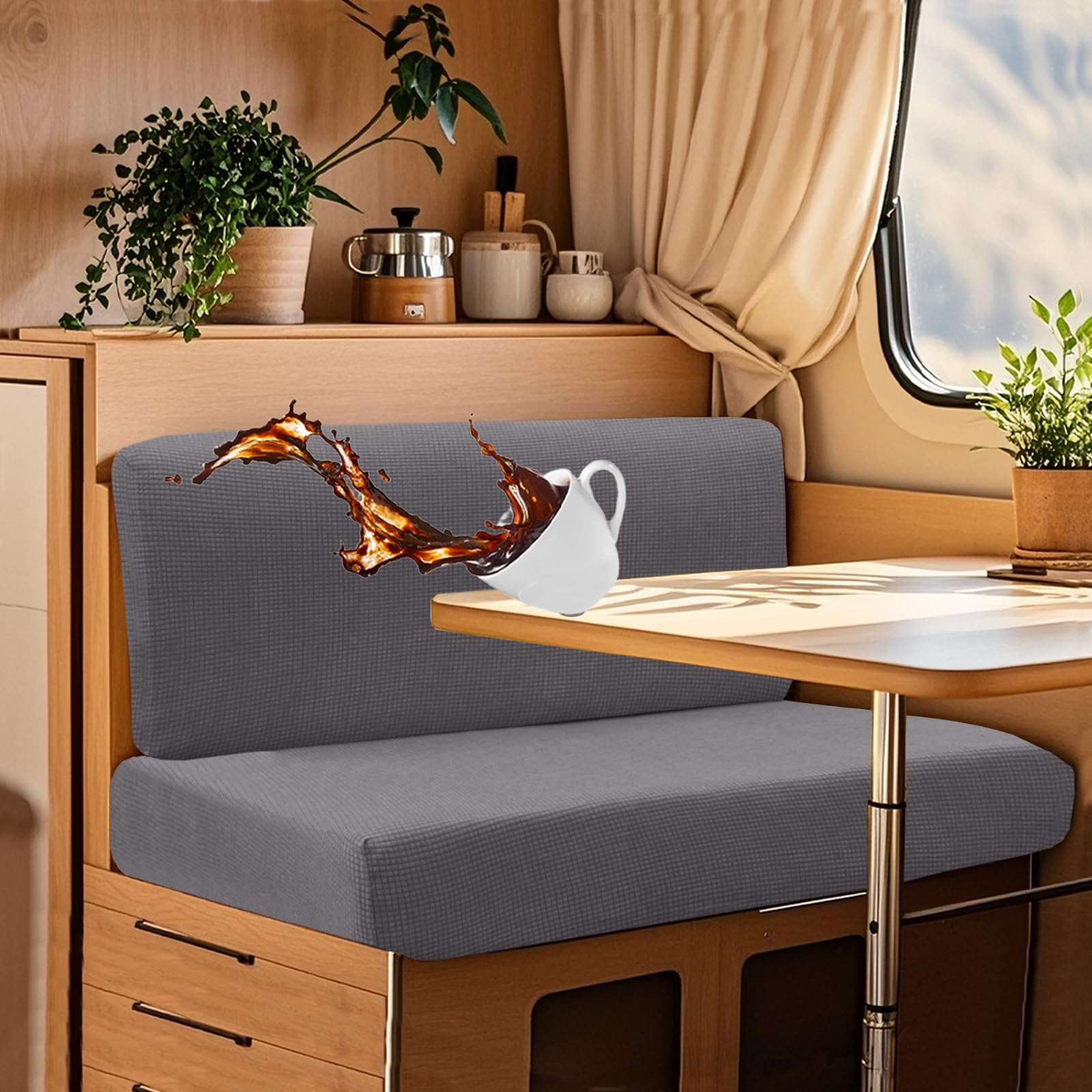 UNBBRRL Wohnwagen Sitzbezüge Wasserdicht Dehnbar Samt/Jacquard, Wohnwagen Polsterbezüge Set (2pcs), RV Bank/Sofa Sitzkissen Bezug Mit 4 Cord (J Light Grey,M+XS(2pcs)) von UNBBRRL