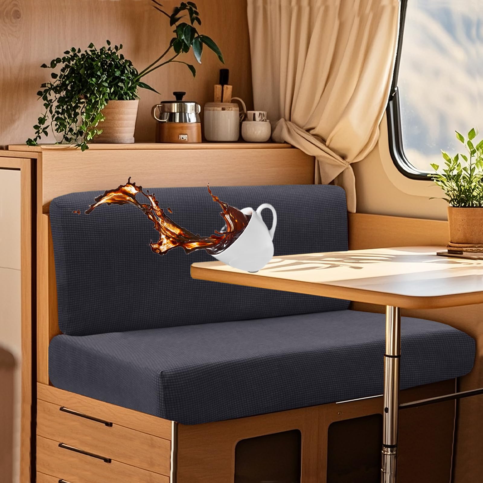 UNBBRRL Wohnwagen Sitzbezüge Wasserdicht Dehnbar Samt/Jacquard, Wohnwagen Polsterbezüge Set (2pcs), RV Bank/Sofa Sitzkissen Bezug Mit 4 Cord (J Med Grey,M+XS(2pcs)) von UNBBRRL
