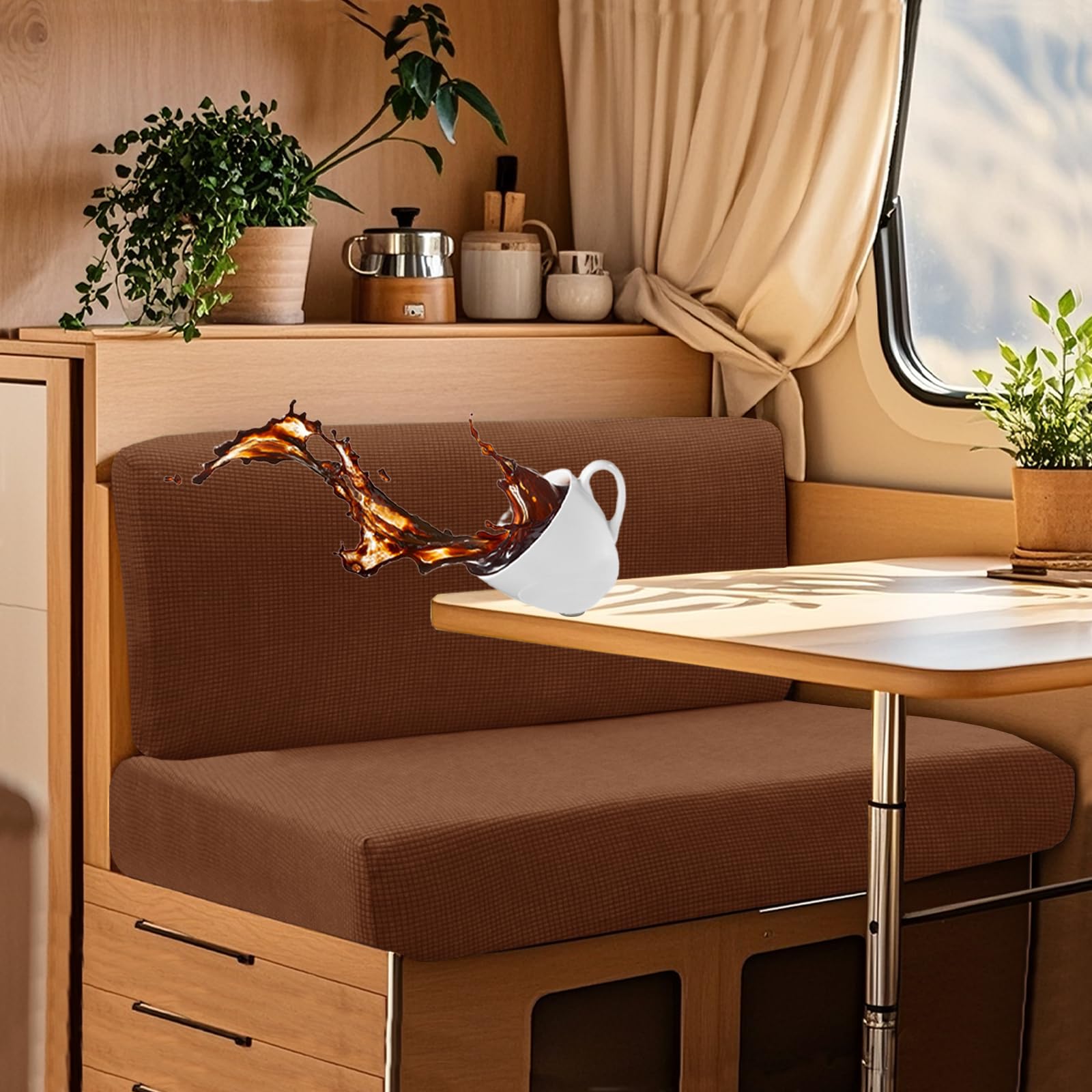 UNBBRRL Wohnwagen Sitzbezüge Wasserdicht Dehnbar Samt/Jacquard, Wohnwagen Polsterbezüge Set (2pcs), RV Bank/Sofa Sitzkissen Bezug Mit 4 Cord (J Natrarl Oak,L+XL(2pcs)) von UNBBRRL