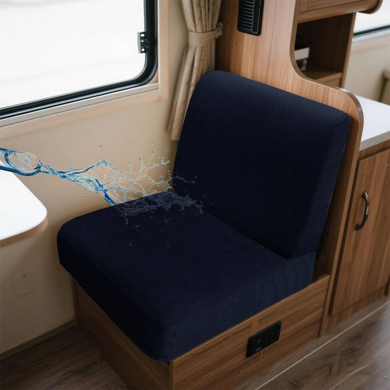 UNBBRRL Wohnwagen Sitzbezüge Wasserdicht Dehnbar Samt/Jacquard, Wohnwagen Polsterbezüge Set (2pcs), RV Bank/Sofa Sitzkissen Bezug Mit 4 Cord (J Navy,M+M(2pcs)) von UNBBRRL