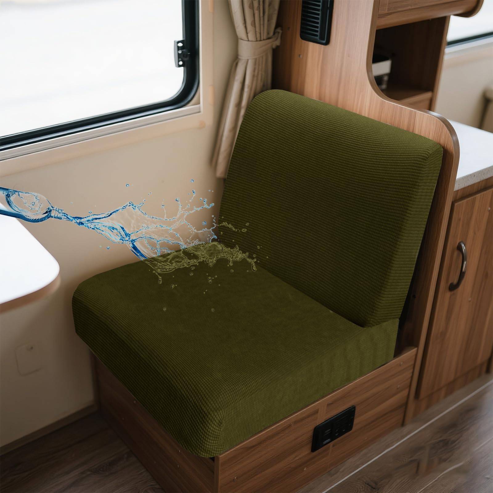 UNBBRRL Wohnwagen Sitzbezüge Wasserdicht Dehnbar Samt/Jacquard, Wohnwagen Polsterbezüge Set (2pcs), RV Bank/Sofa Sitzkissen Bezug Mit 4 Cord (J Olive Green,M+M(2pcs)) von UNBBRRL