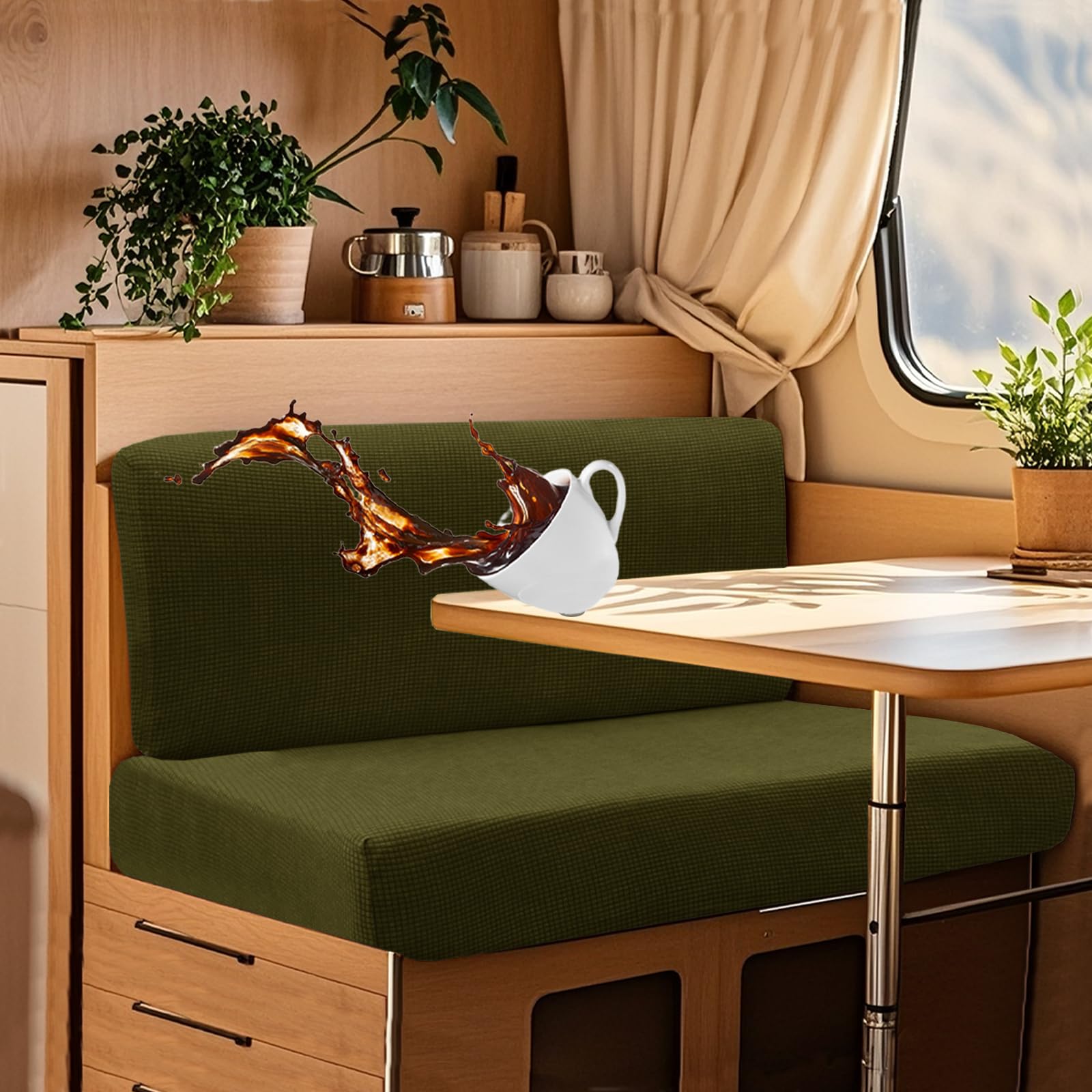UNBBRRL Wohnwagen Sitzbezüge Wasserdicht Dehnbar Samt/Jacquard, Wohnwagen Polsterbezüge Set (2pcs), RV Bank/Sofa Sitzkissen Bezug Mit 4 Cord (J Olive Green,XL+XXL(2pcs)) von UNBBRRL