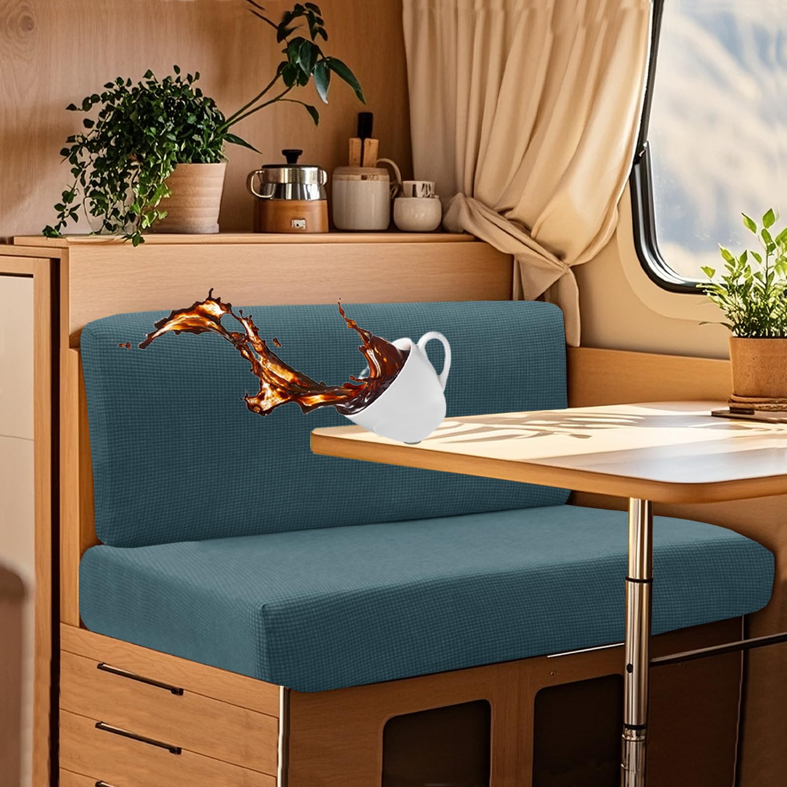 UNBBRRL Wohnwagen Sitzbezüge Wasserdicht Dehnbar Samt/Jacquard, Wohnwagen Polsterbezüge Set (2pcs), RV Bank/Sofa Sitzkissen Bezug Mit 4 Cord (J Peacock Green,M+XS(2pcs)) von UNBBRRL