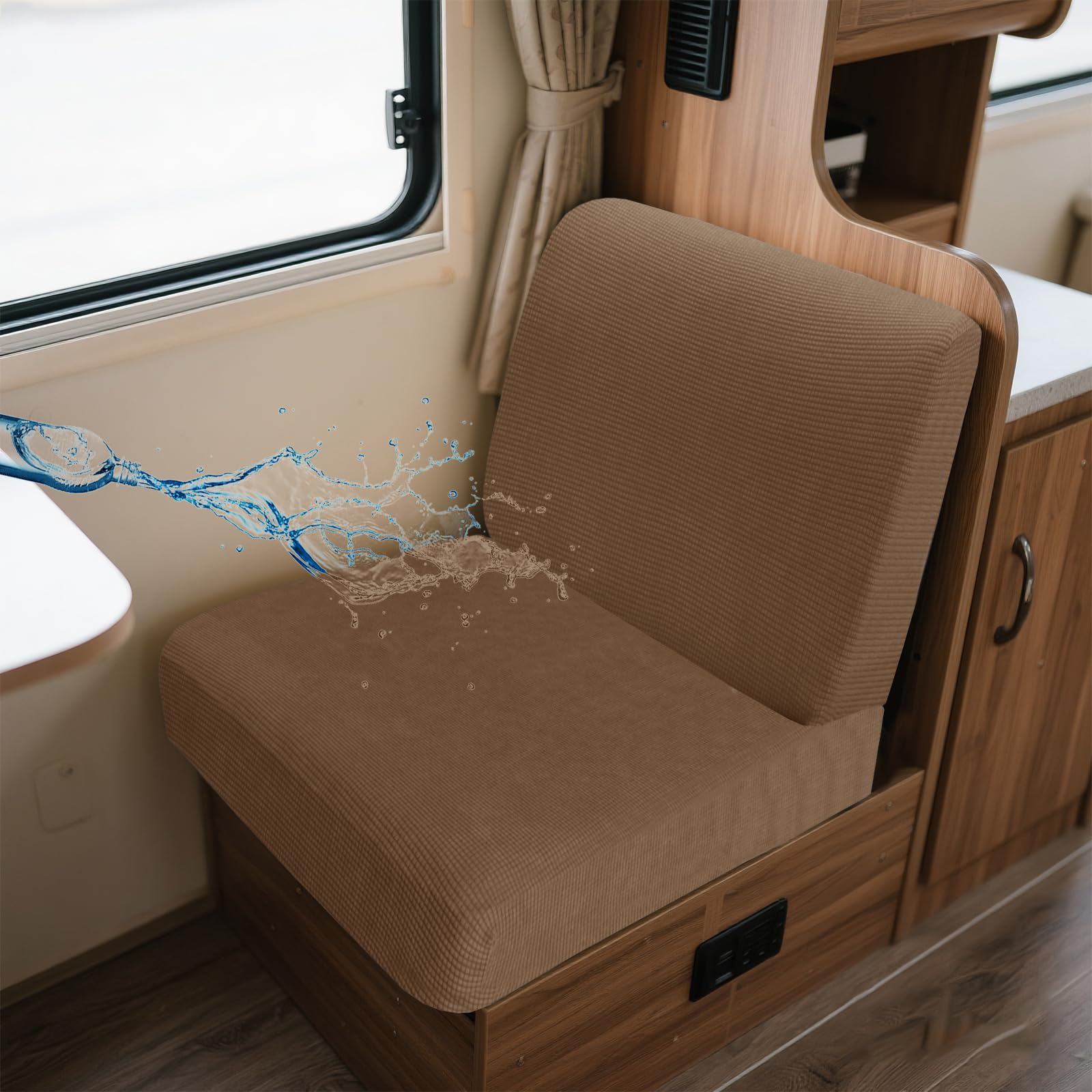 UNBBRRL Wohnwagen Sitzbezüge Wasserdicht Dehnbar Samt/Jacquard, Wohnwagen Polsterbezüge Set (2pcs), RV Bank/Sofa Sitzkissen Bezug Mit 4 Cord (J Sand,S+S(2pcs)) von UNBBRRL