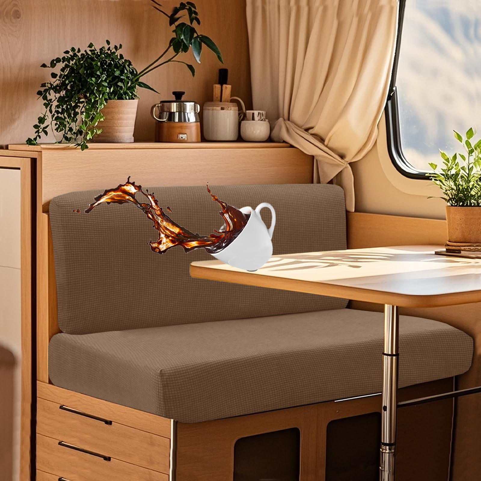 UNBBRRL Wohnwagen Sitzbezüge Wasserdicht Dehnbar Samt/Jacquard, Wohnwagen Polsterbezüge Set (2pcs), RV Bank/Sofa Sitzkissen Bezug Mit 4 Cord (J Sand,XL+XXL(2pcs)) von UNBBRRL