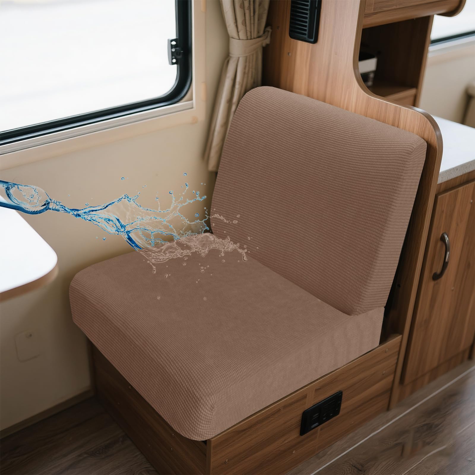 UNBBRRL Wohnwagen Sitzbezüge Wasserdicht Dehnbar Samt/Jacquard, Wohnwagen Polsterbezüge Set (2pcs), RV Bank/Sofa Sitzkissen Bezug Mit 4 Cord (J Taupe,M+M(2pcs)) von UNBBRRL