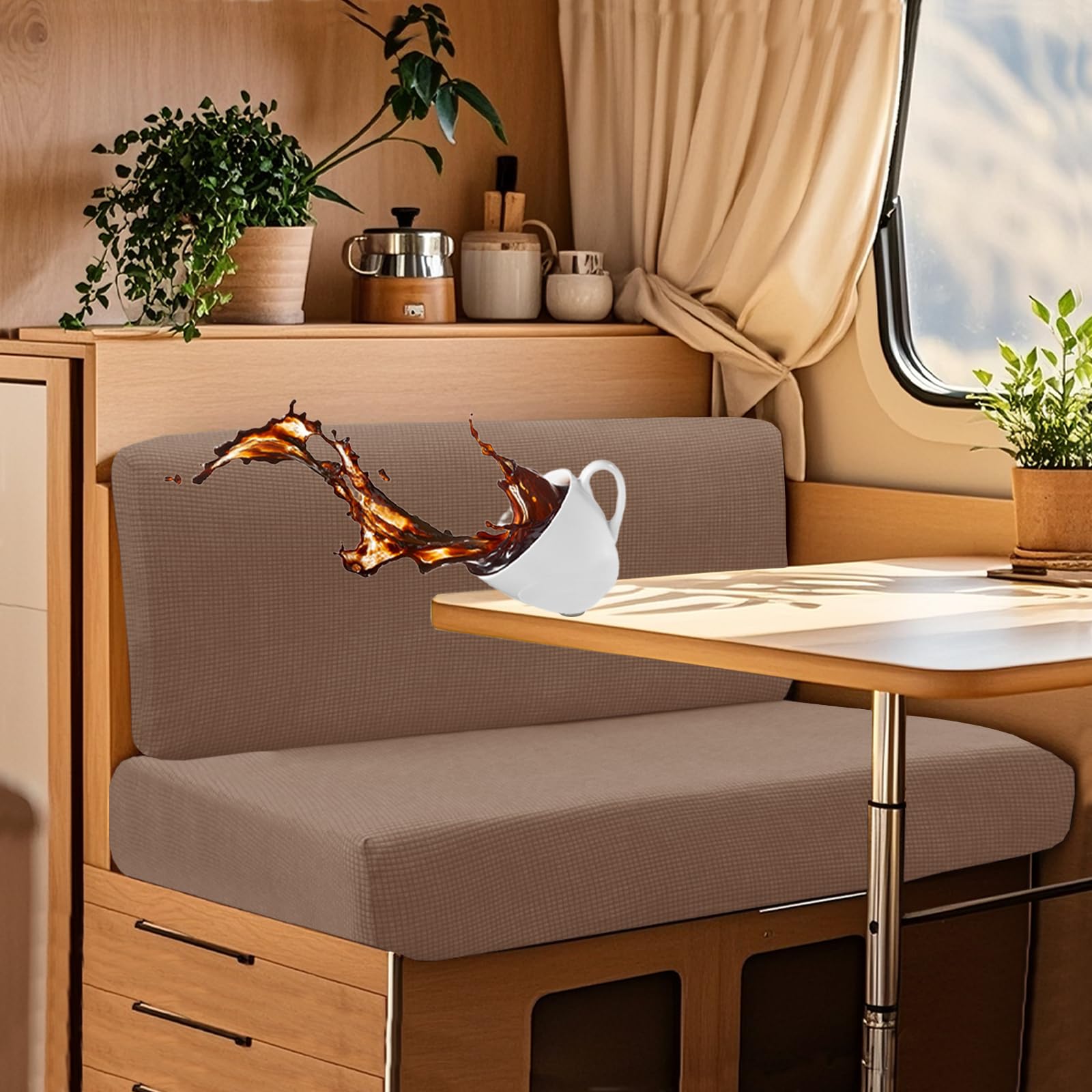 UNBBRRL Wohnwagen Sitzbezüge Wasserdicht Dehnbar Samt/Jacquard, Wohnwagen Polsterbezüge Set (2pcs), RV Bank/Sofa Sitzkissen Bezug Mit 4 Cord (J Taupe,M+XS(2pcs)) von UNBBRRL