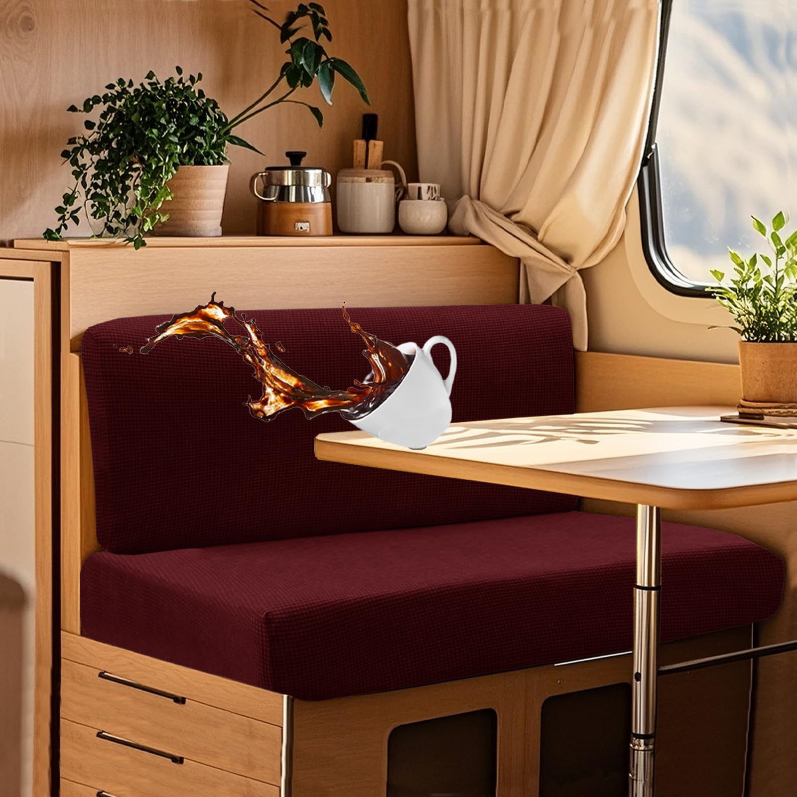 UNBBRRL Wohnwagen Sitzbezüge Wasserdicht Dehnbar Samt/Jacquard, Wohnwagen Polsterbezüge Set (2pcs), RV Bank/Sofa Sitzkissen Bezug Mit 4 Cord (J Wine,L+XL(2pcs)) von UNBBRRL