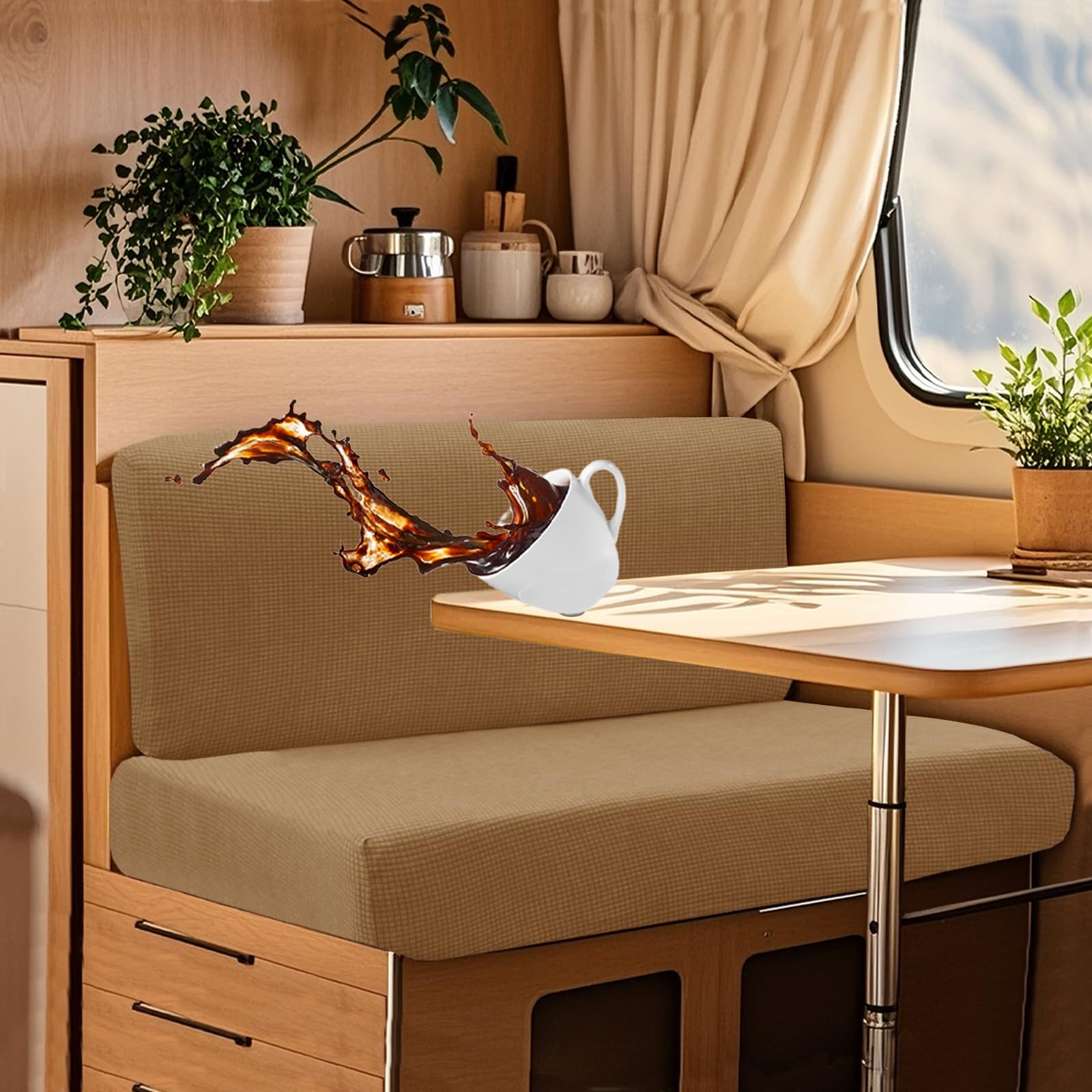 UNBBRRL Wohnwagen Sitzbezüge Wasserdicht Dehnbar Samt/Jacquard, Wohnwagen Polsterbezüge Set (2pcs), RV Bank/Sofa Sitzkissen Bezug Mit 4 Cord (J Yellow,L+XL(2pcs)) von UNBBRRL