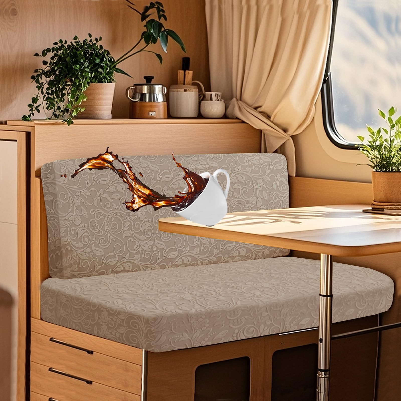 UNBBRRL Wohnwagen Sitzbezüge Wasserdicht Dehnbar Samt/Jacquard, Wohnwagen Polsterbezüge Set (2pcs), RV Bank/Sofa Sitzkissen Bezug Mit 4 Cord (JF Brown Grey,M+XS(2pcs)) von UNBBRRL